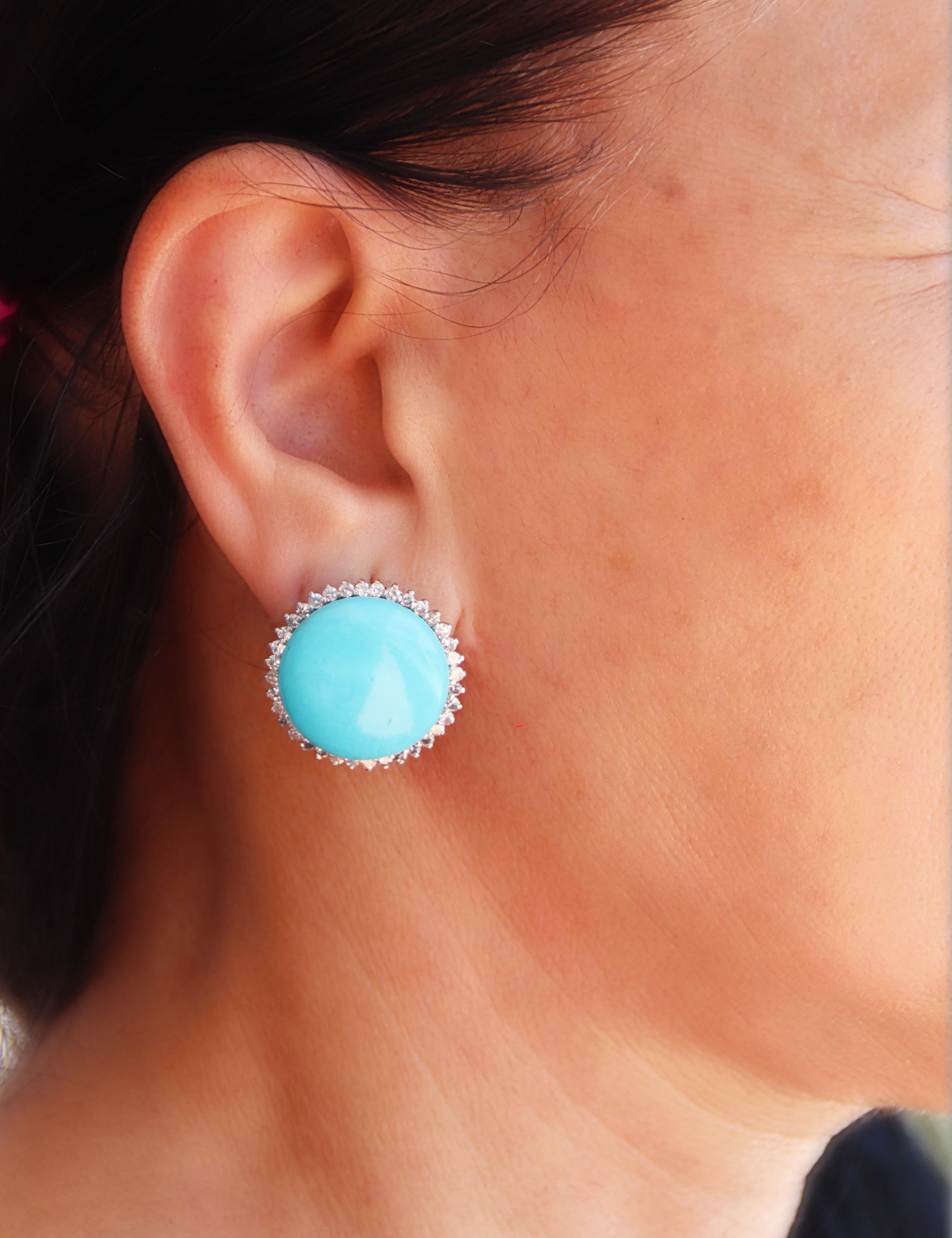 Turquoise Diamonds 18 Karat White Gold Stud Earrings For Sale 1