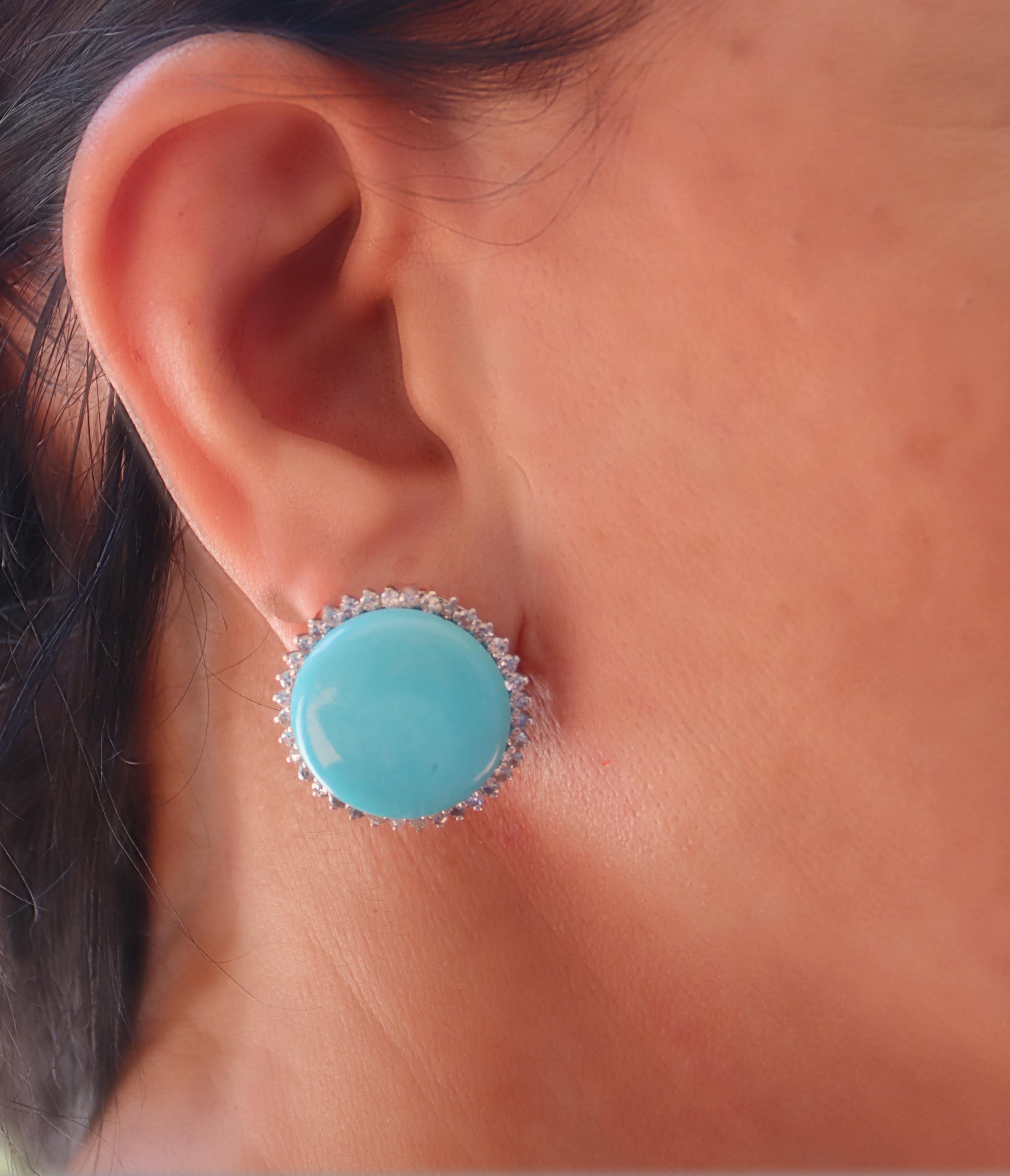 Turquoise Diamonds 18 Karat White Gold Stud Earrings For Sale 2