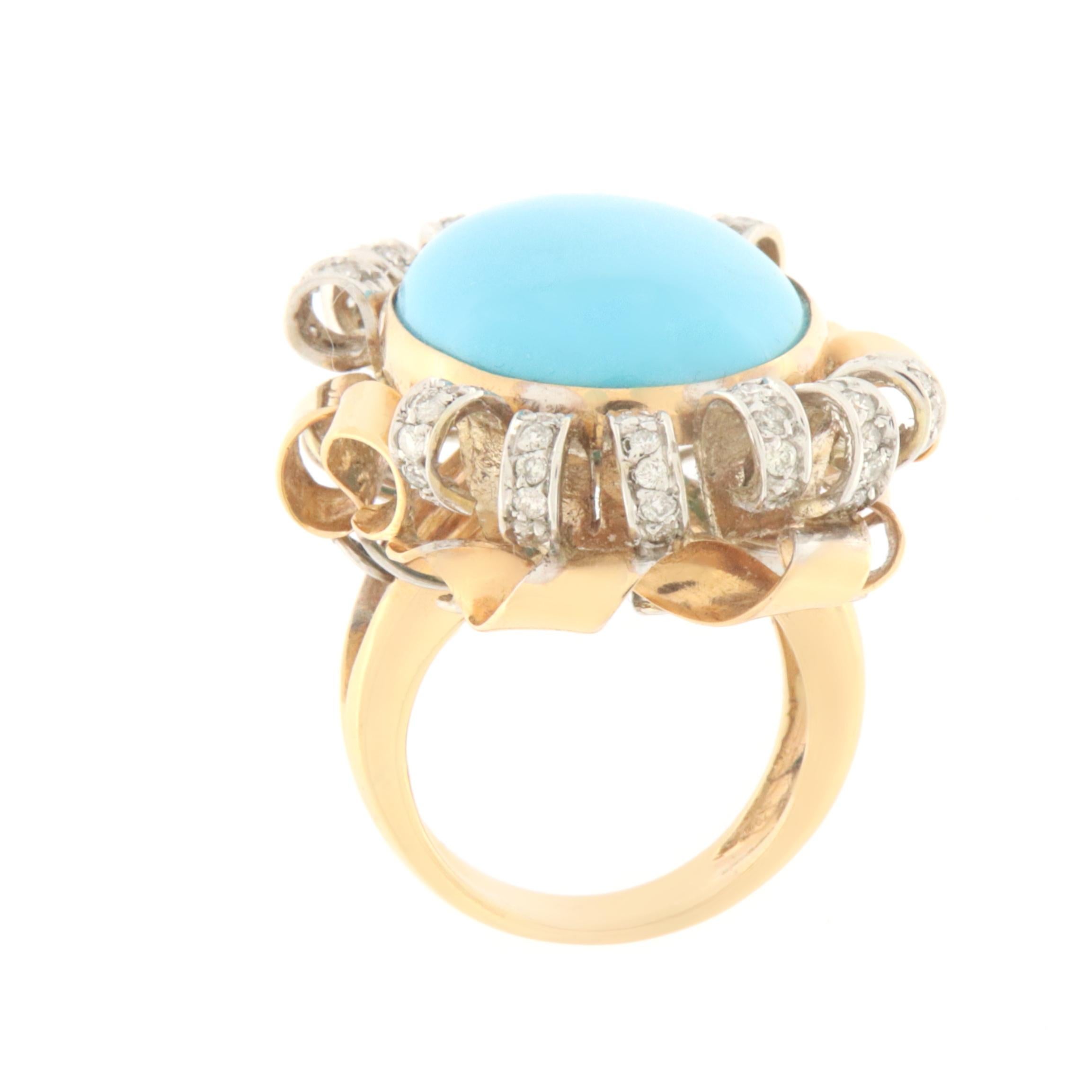 Artisan Turquoise Diamonds 18 Karat Yellow And White Gold Cocktail Ring For Sale