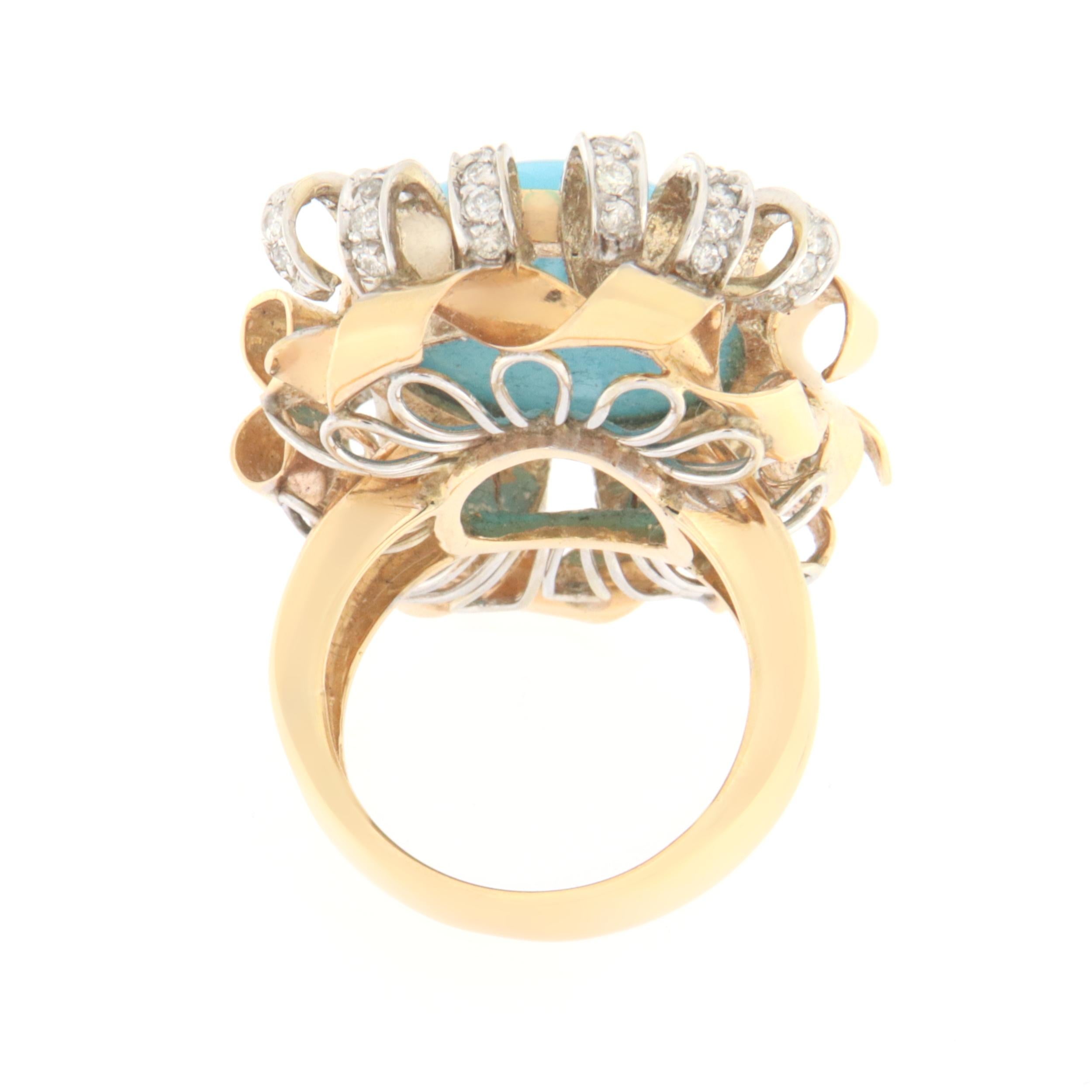 Brilliant Cut Turquoise Diamonds 18 Karat Yellow And White Gold Cocktail Ring For Sale