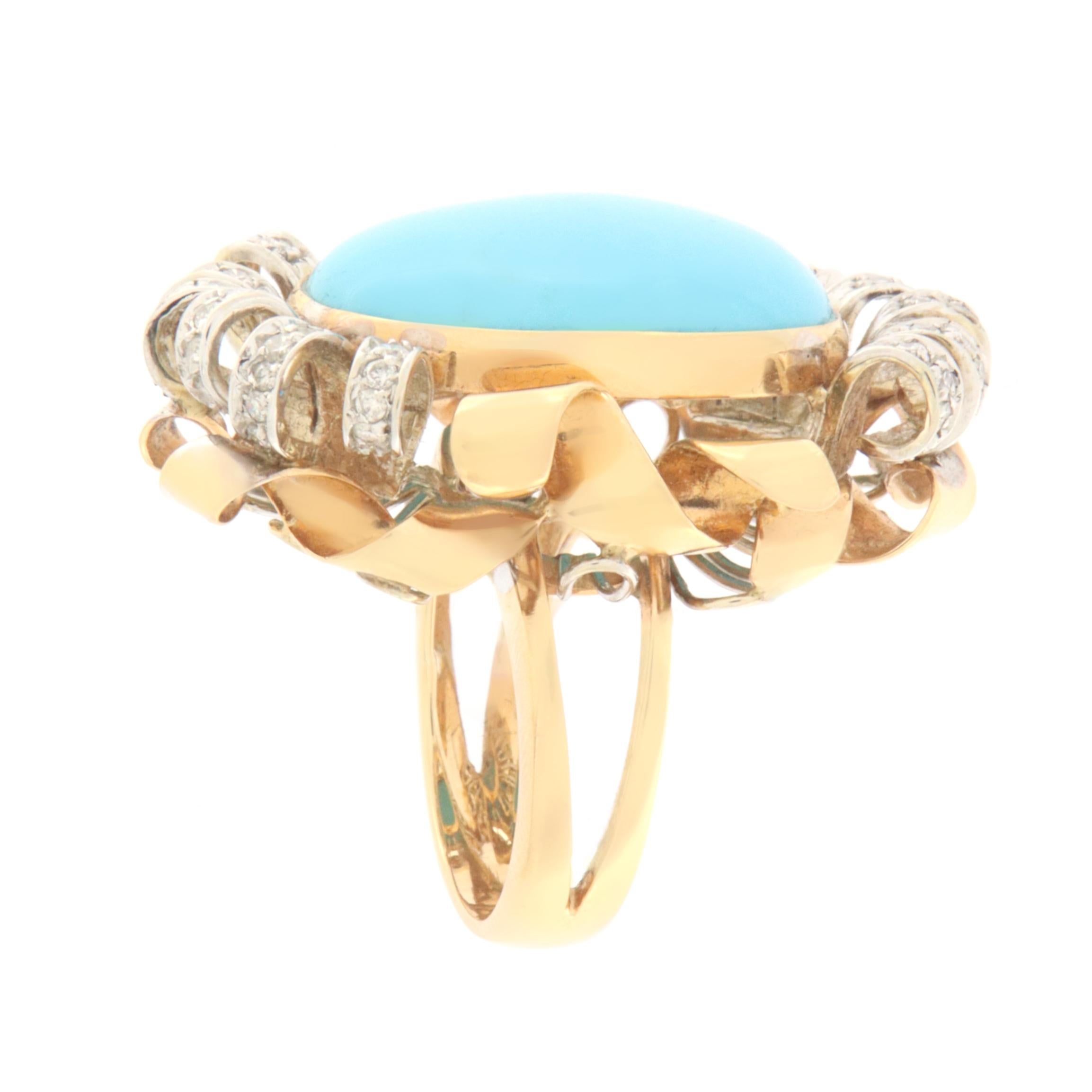 Turquoise Diamonds 18 Karat Yellow And White Gold Cocktail Ring In New Condition For Sale In Marcianise, IT