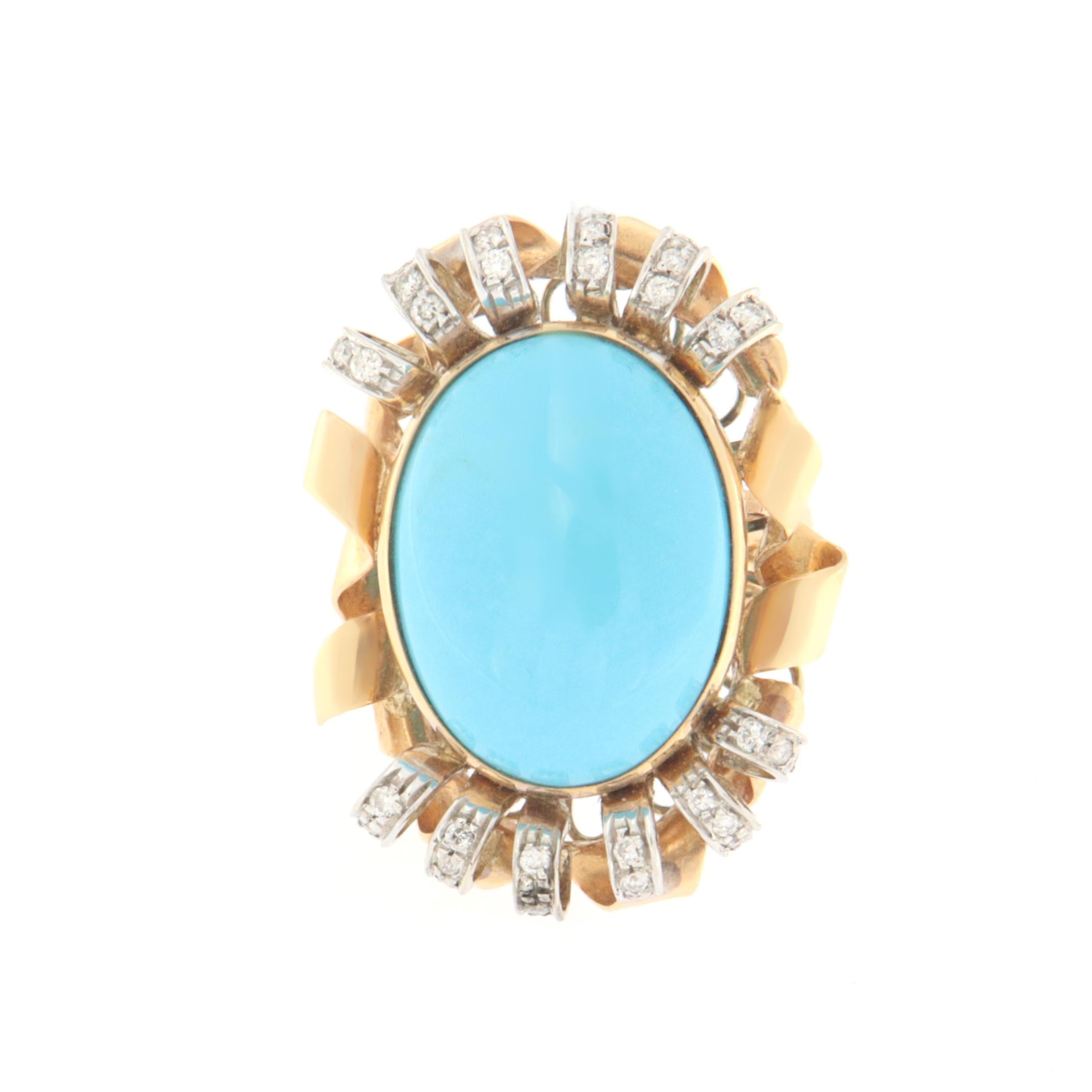 Women's Turquoise Diamonds 18 Karat Yellow And White Gold Cocktail Ring For Sale