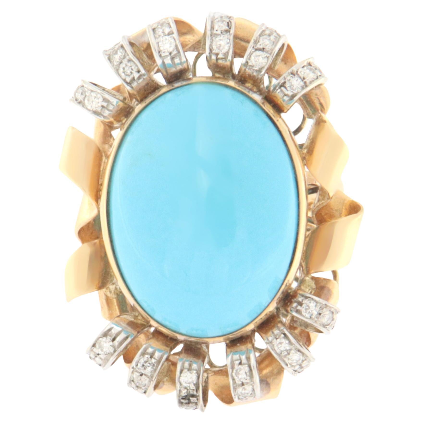 Bague cocktail en or jaune et blanc 18 carats avec turquoise et diamants