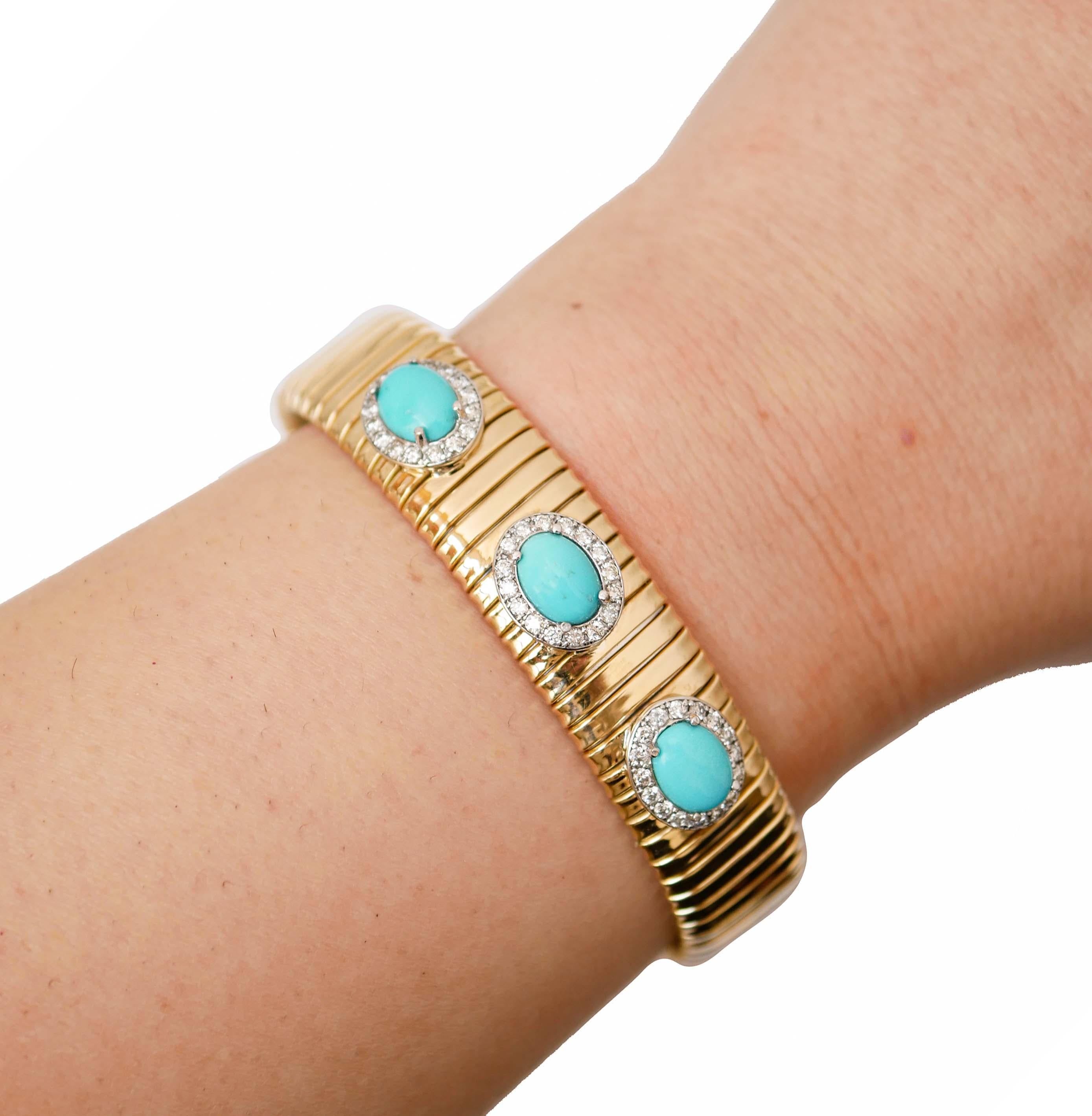 Turquoise, Diamonds, 18 Karat Yellow Gold and White Gold Tubogas Bracelet. In Good Condition In Marcianise, Marcianise (CE)