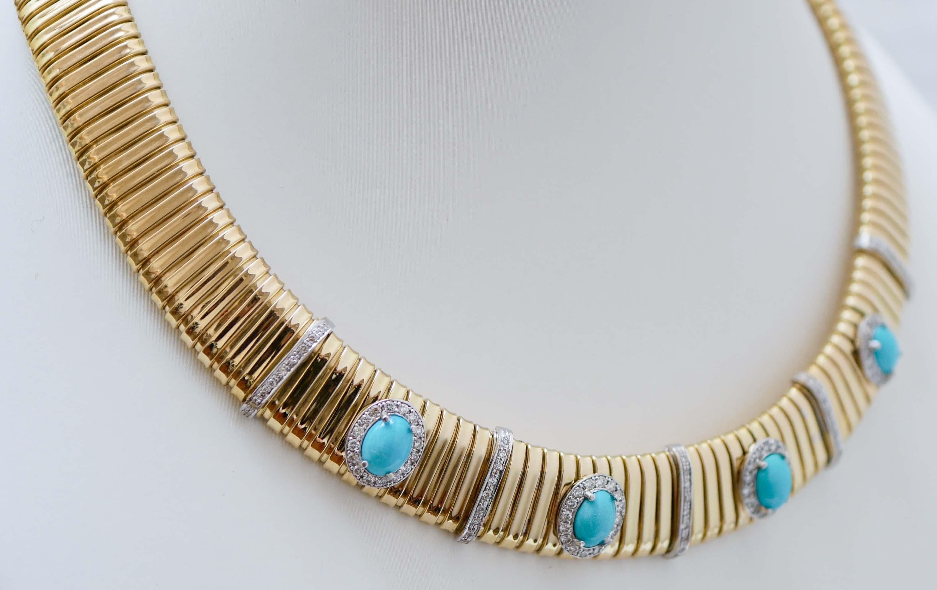 Retro Turquoise, Diamonds, 18 Karat Yellow Gold and White Gold Tubogas Necklace. For Sale