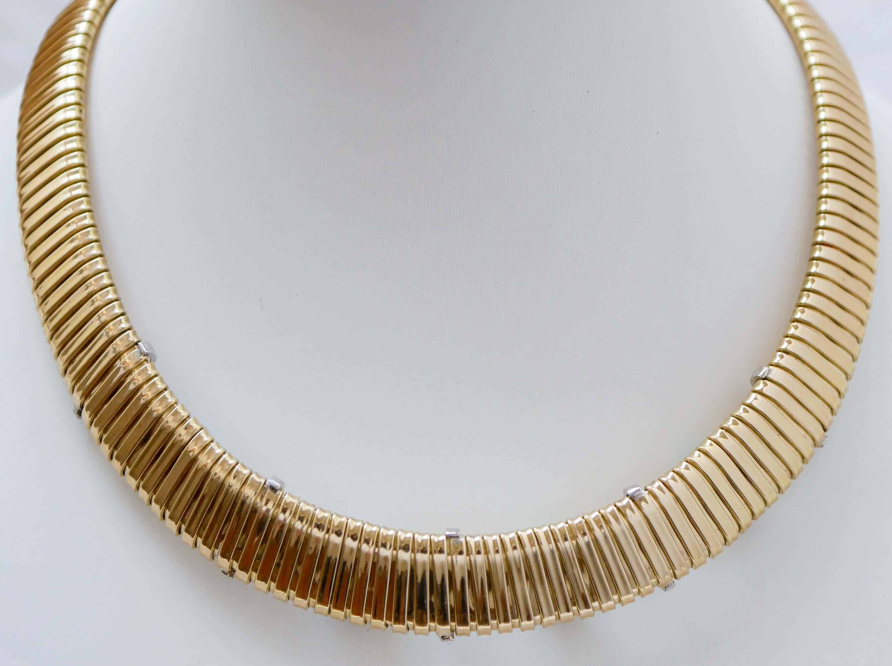 Retro Turquoise, Diamonds, 18 Karat Yellow Gold and White Gold Tubogas Necklace.