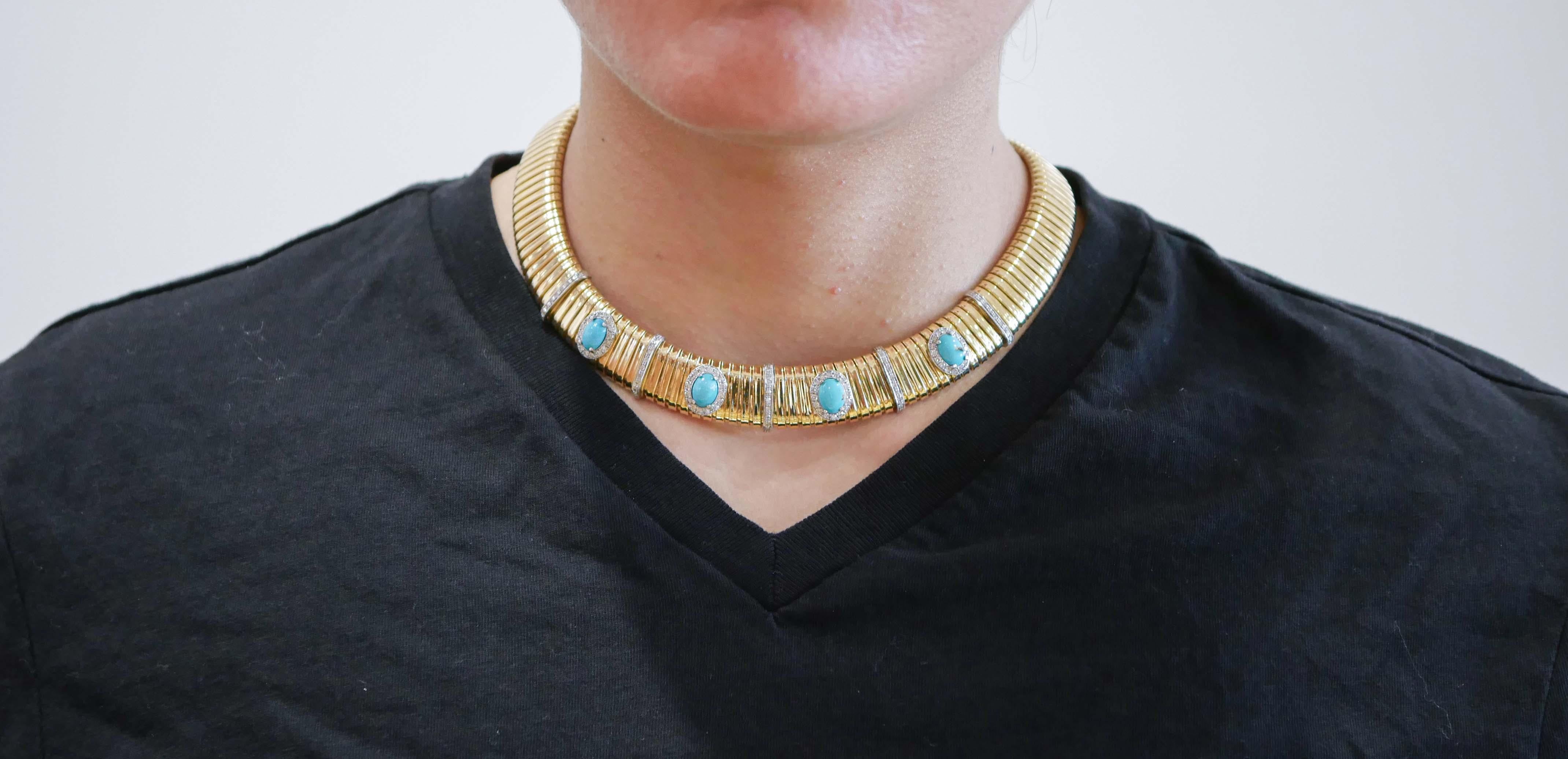 Brilliant Cut Turquoise, Diamonds, 18 Karat Yellow Gold and White Gold Tubogas Necklace.