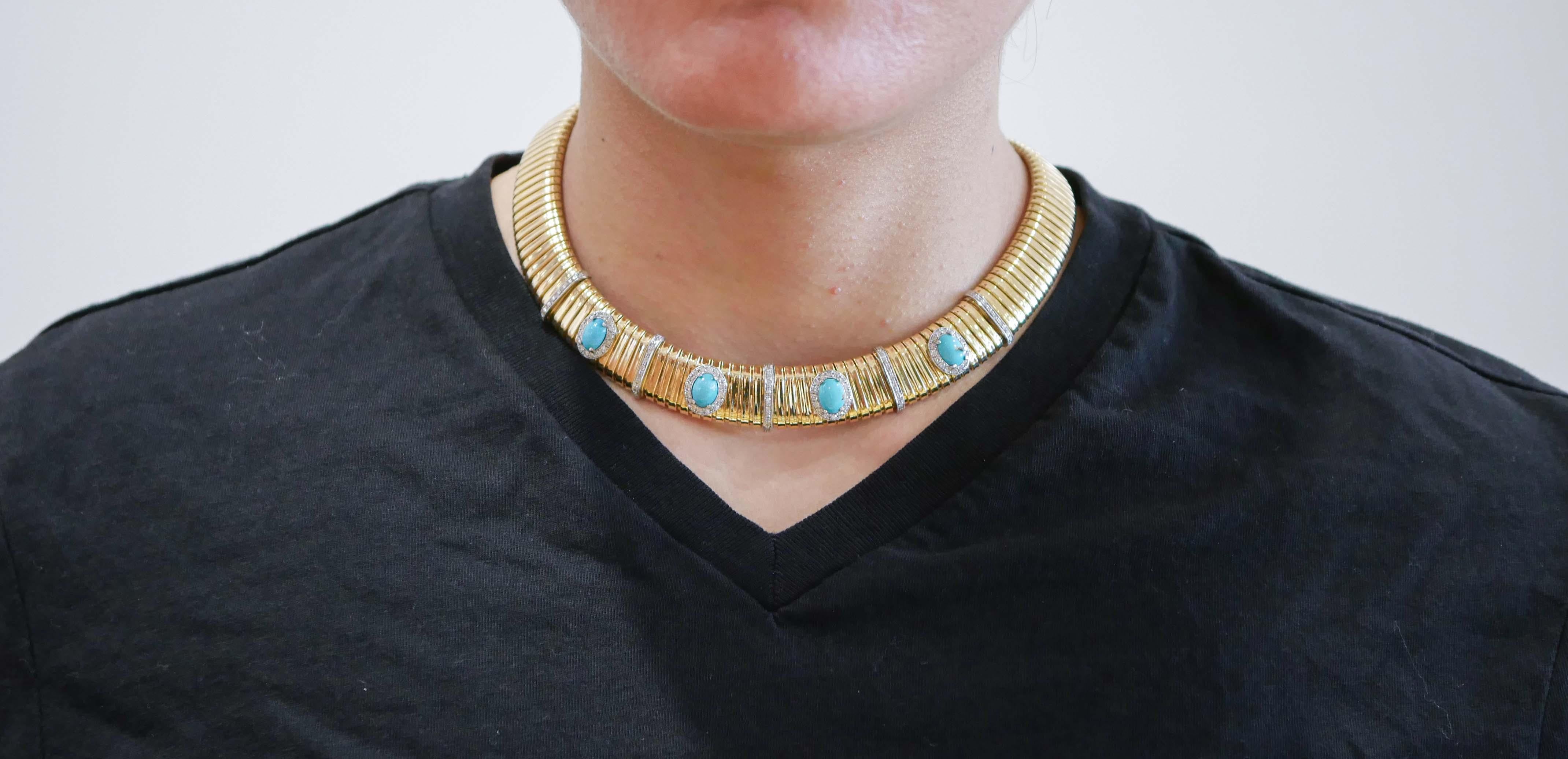 Tubogas-Halskette aus 18 Karat Gelbgold mit Türkis, Diamanten und Weißgold. im Zustand „Gut“ im Angebot in Marcianise, Marcianise (CE)