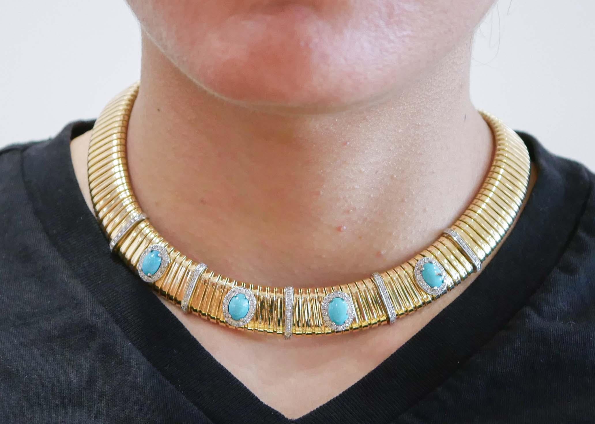 Women's Turquoise, Diamonds, 18 Karat Yellow Gold and White Gold Tubogas Necklace. For Sale