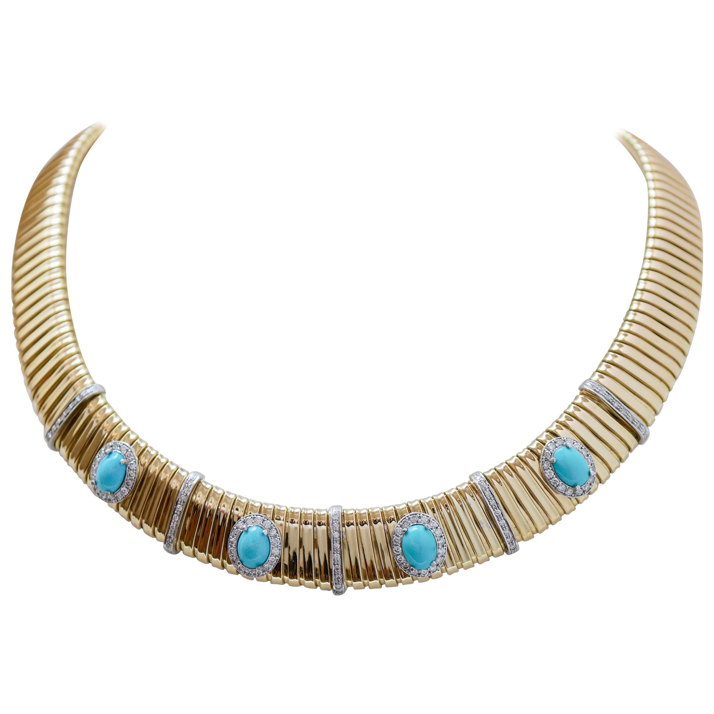 Turquoise, Diamonds, 18 Karat Yellow Gold and White Gold Tubogas Necklace. For Sale