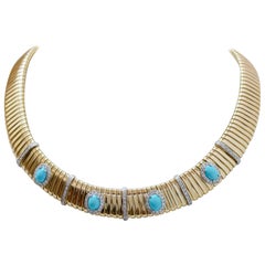 Vintage Turquoise, Diamonds, 18 Karat Yellow Gold and White Gold Tubogas Necklace.