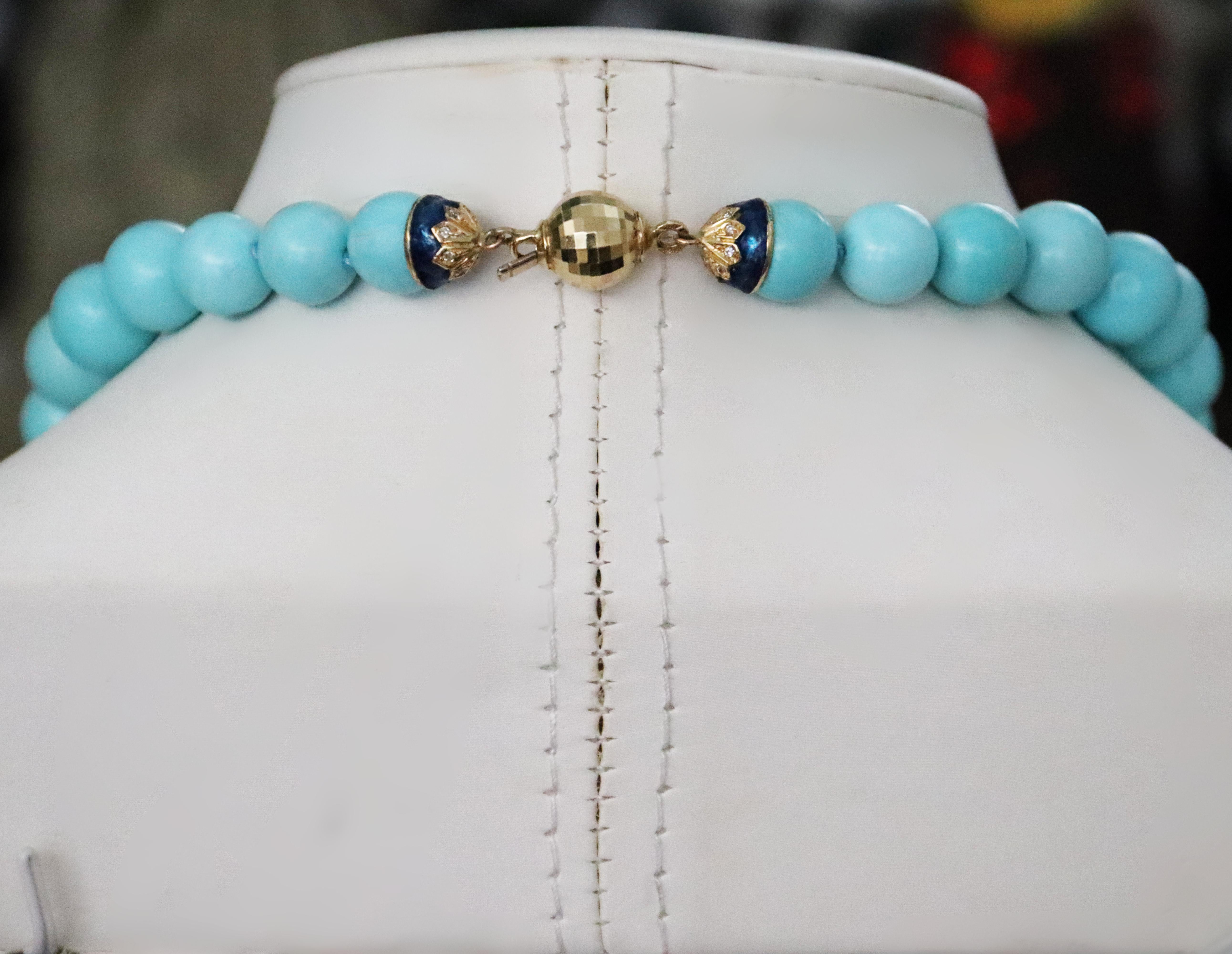 Turquoise Diamonds 18 Karat Yellow Gold Beaded Necklace For Sale 6