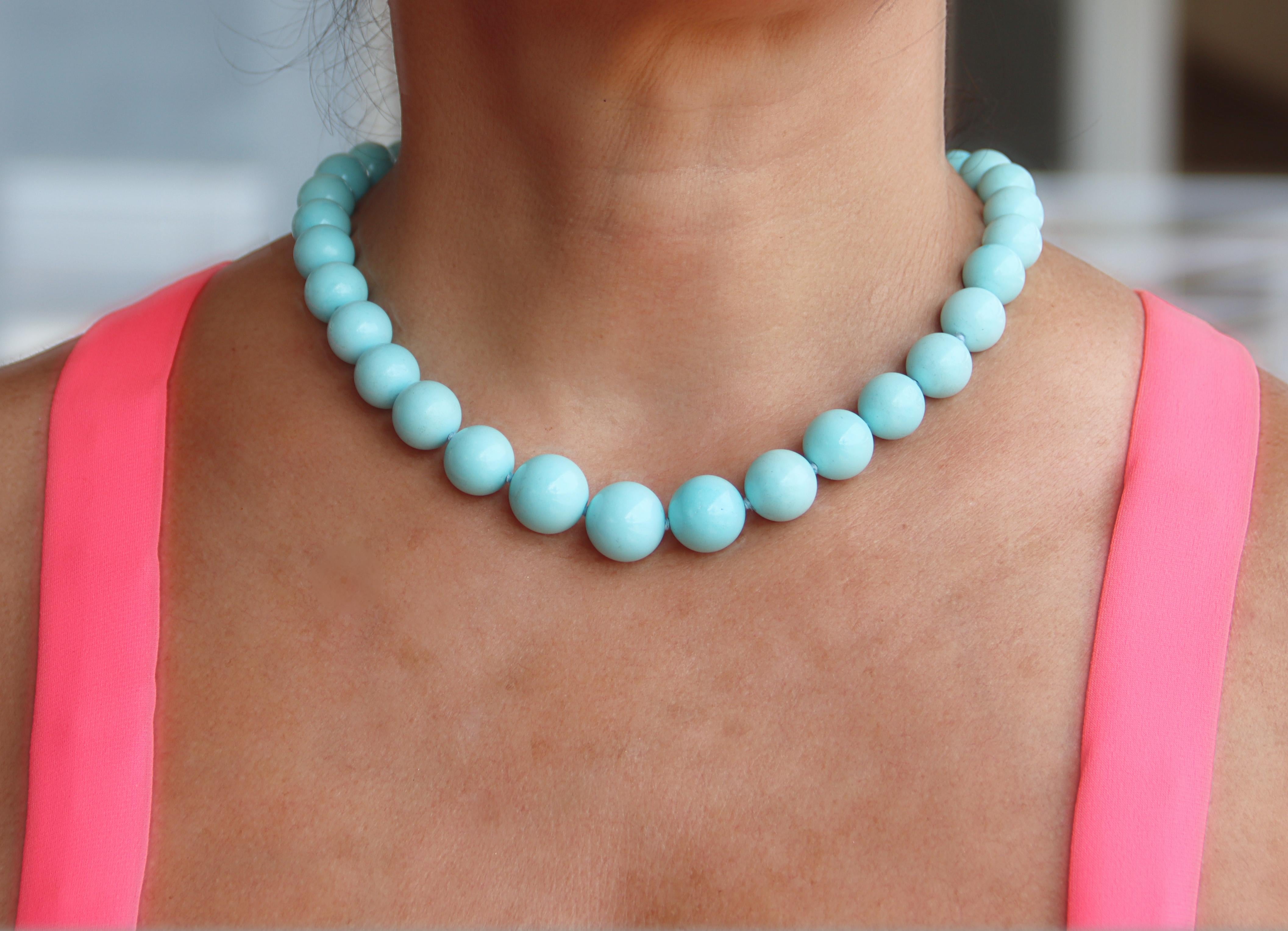 Turquoise Diamonds 18 Karat Yellow Gold Beaded Necklace For Sale 7