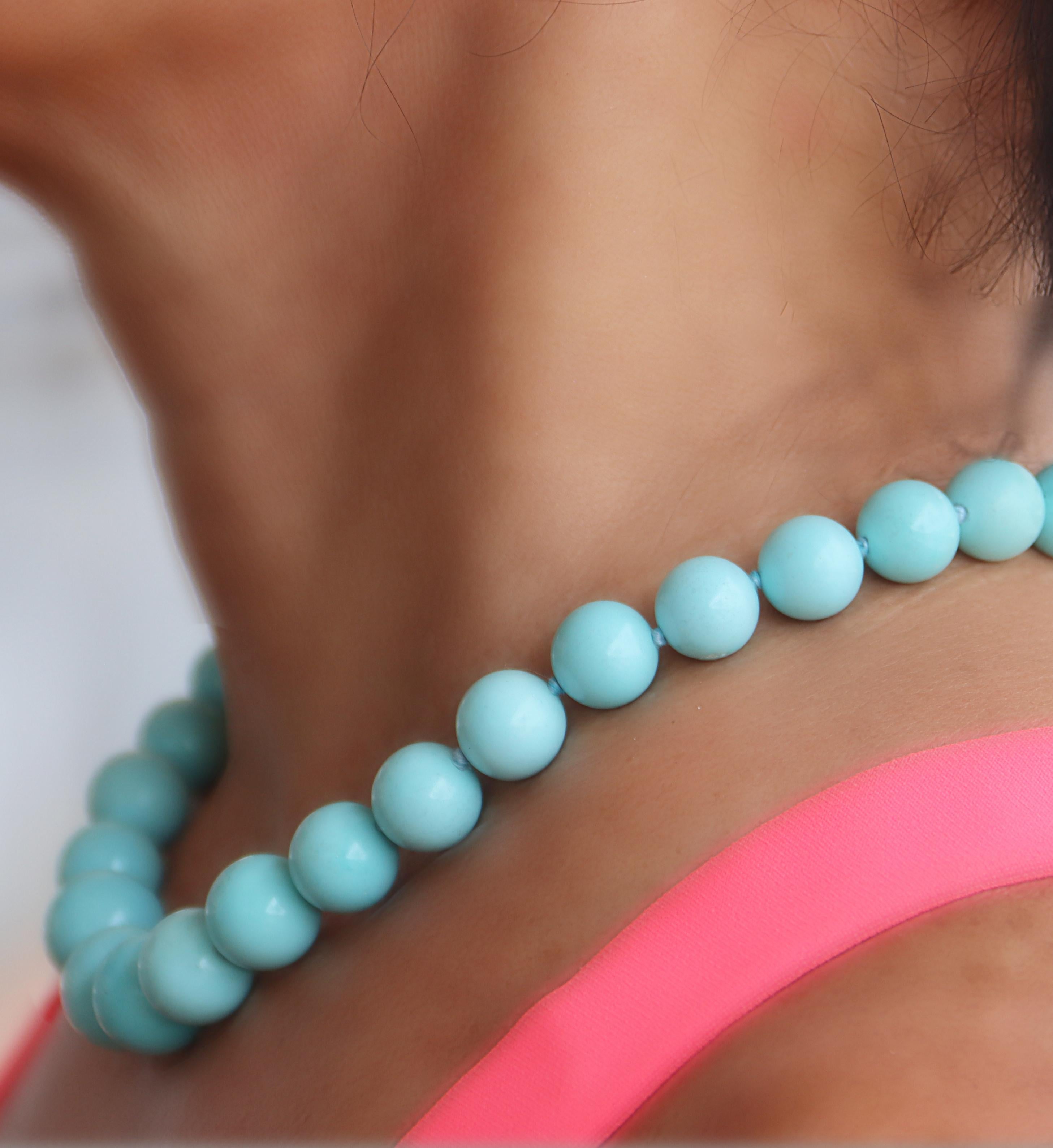 Turquoise Diamonds 18 Karat Yellow Gold Beaded Necklace For Sale 9