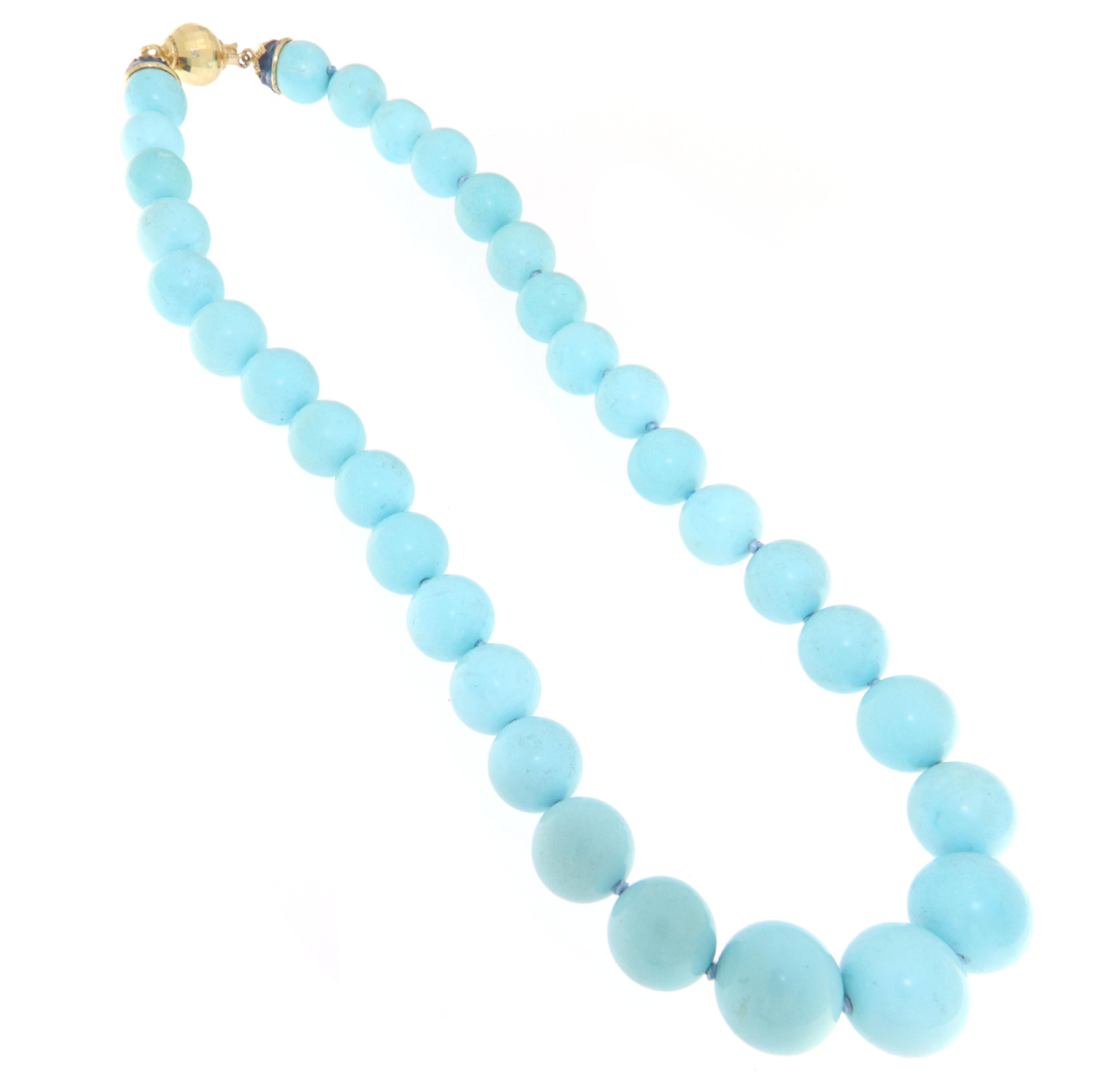 Turquoise Diamonds 18 Karat Yellow Gold Beaded Necklace In New Condition For Sale In Marcianise, IT