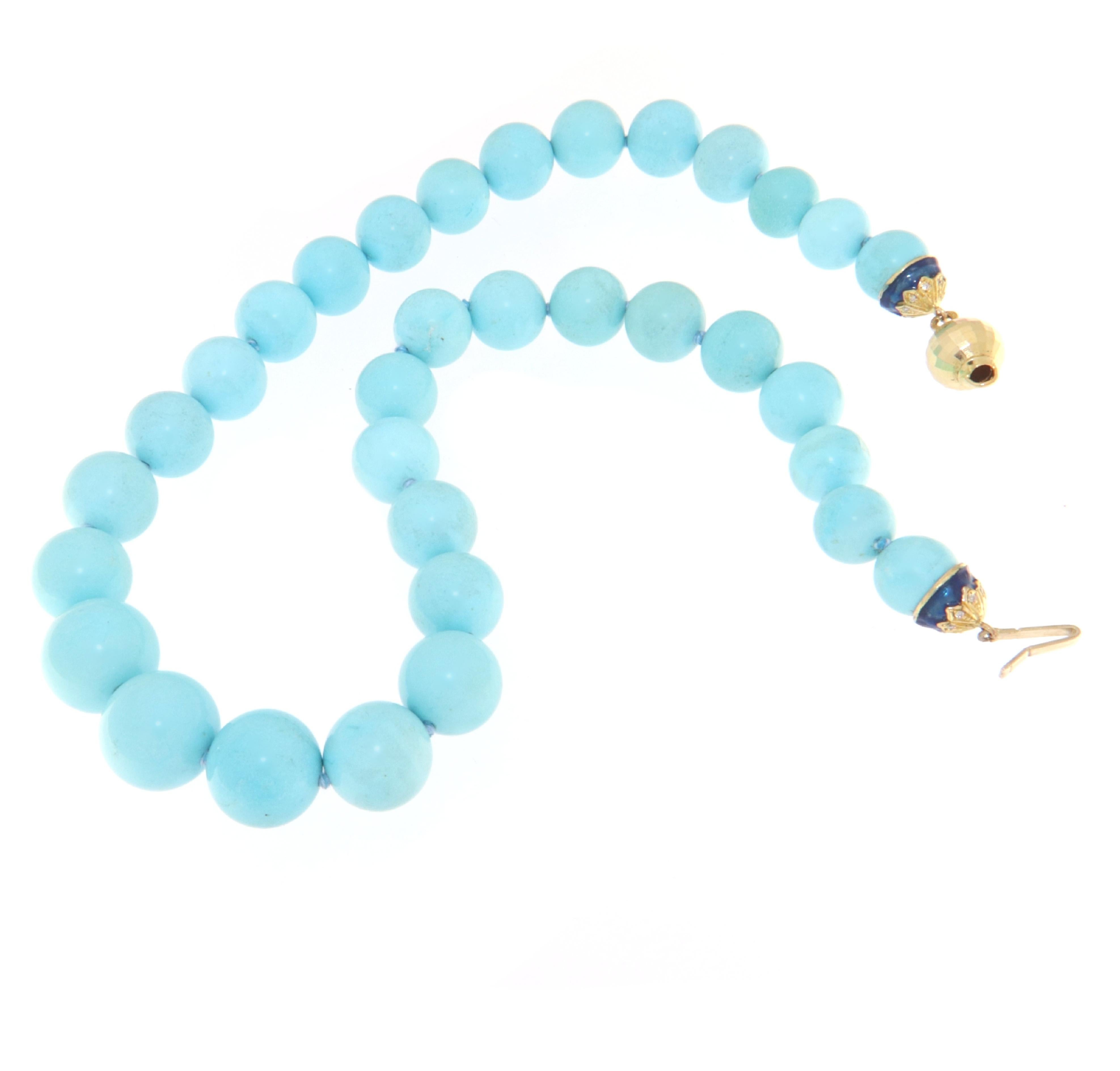 Women's Turquoise Diamonds 18 Karat Yellow Gold Beaded Necklace For Sale