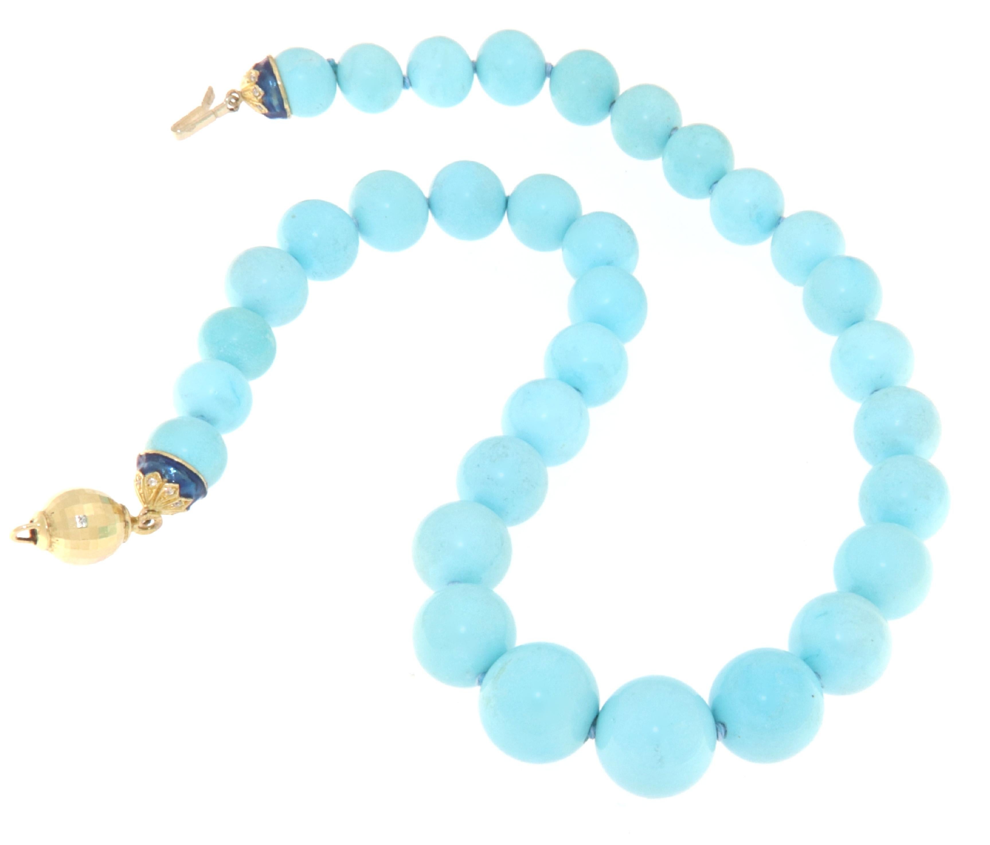 Turquoise Diamonds 18 Karat Yellow Gold Beaded Necklace For Sale 1