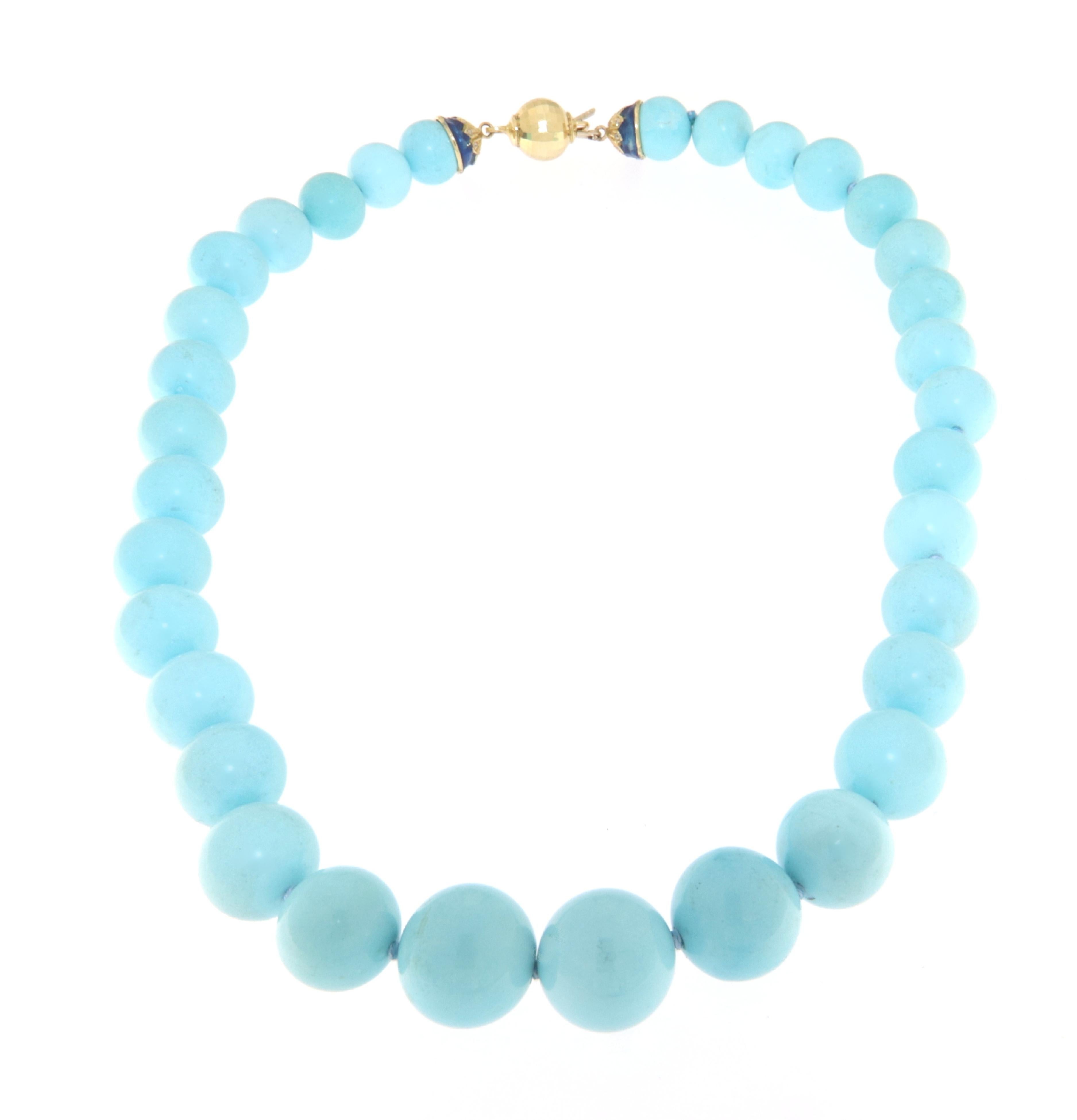 Turquoise Diamonds 18 Karat Yellow Gold Beaded Necklace For Sale 2