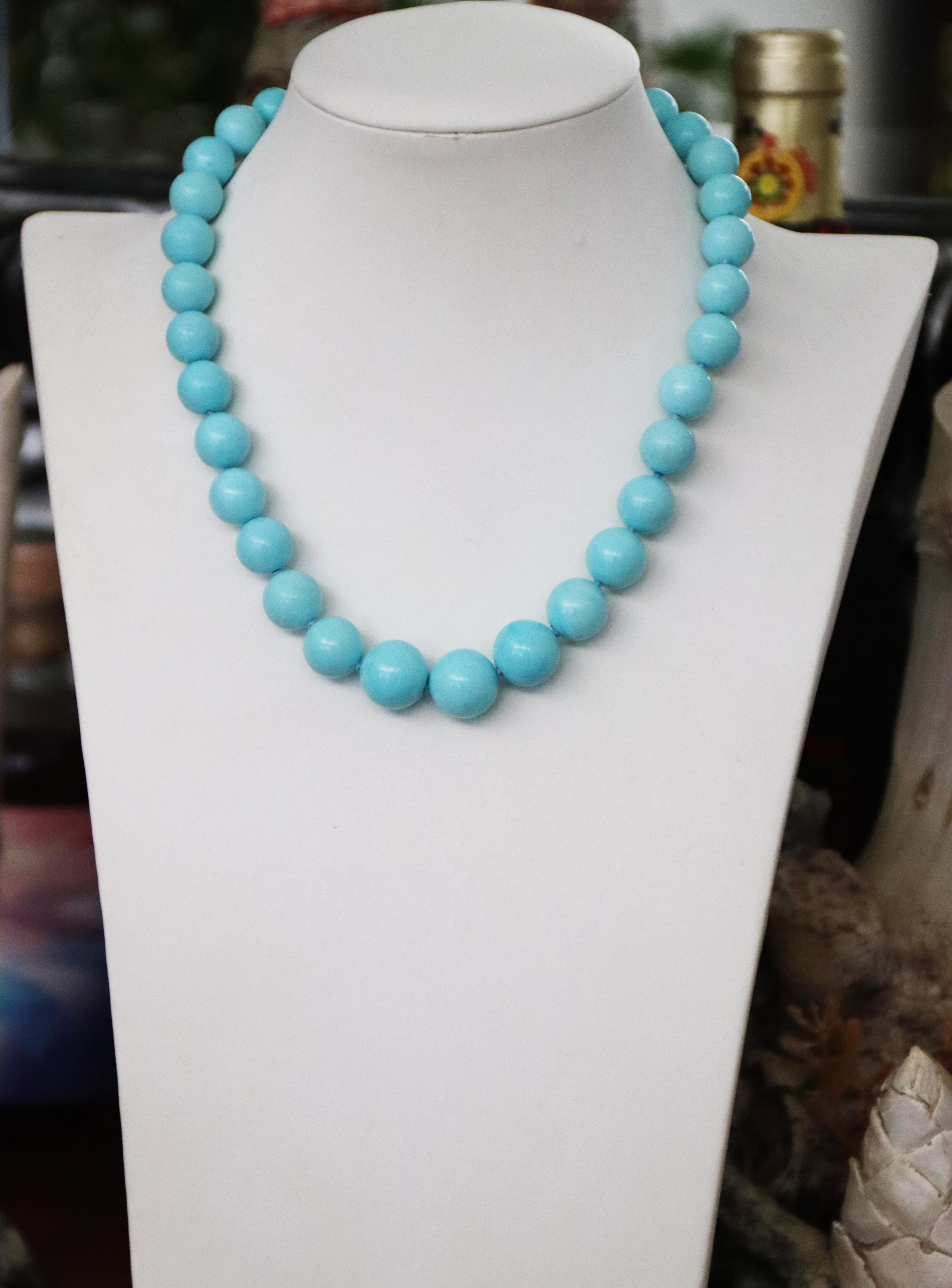 Turquoise Diamonds 18 Karat Yellow Gold Beaded Necklace For Sale 3