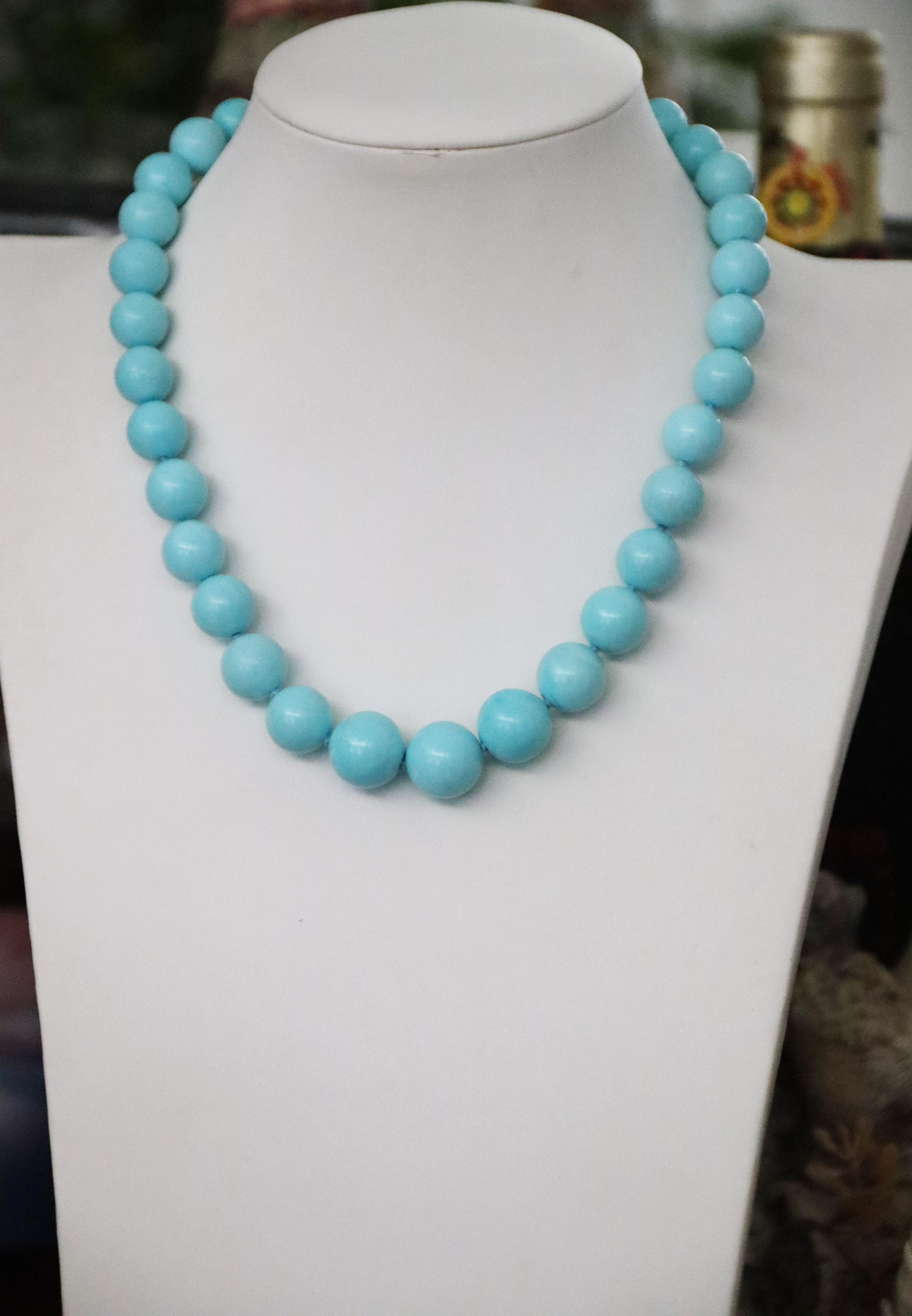 Turquoise Diamonds 18 Karat Yellow Gold Beaded Necklace For Sale 4
