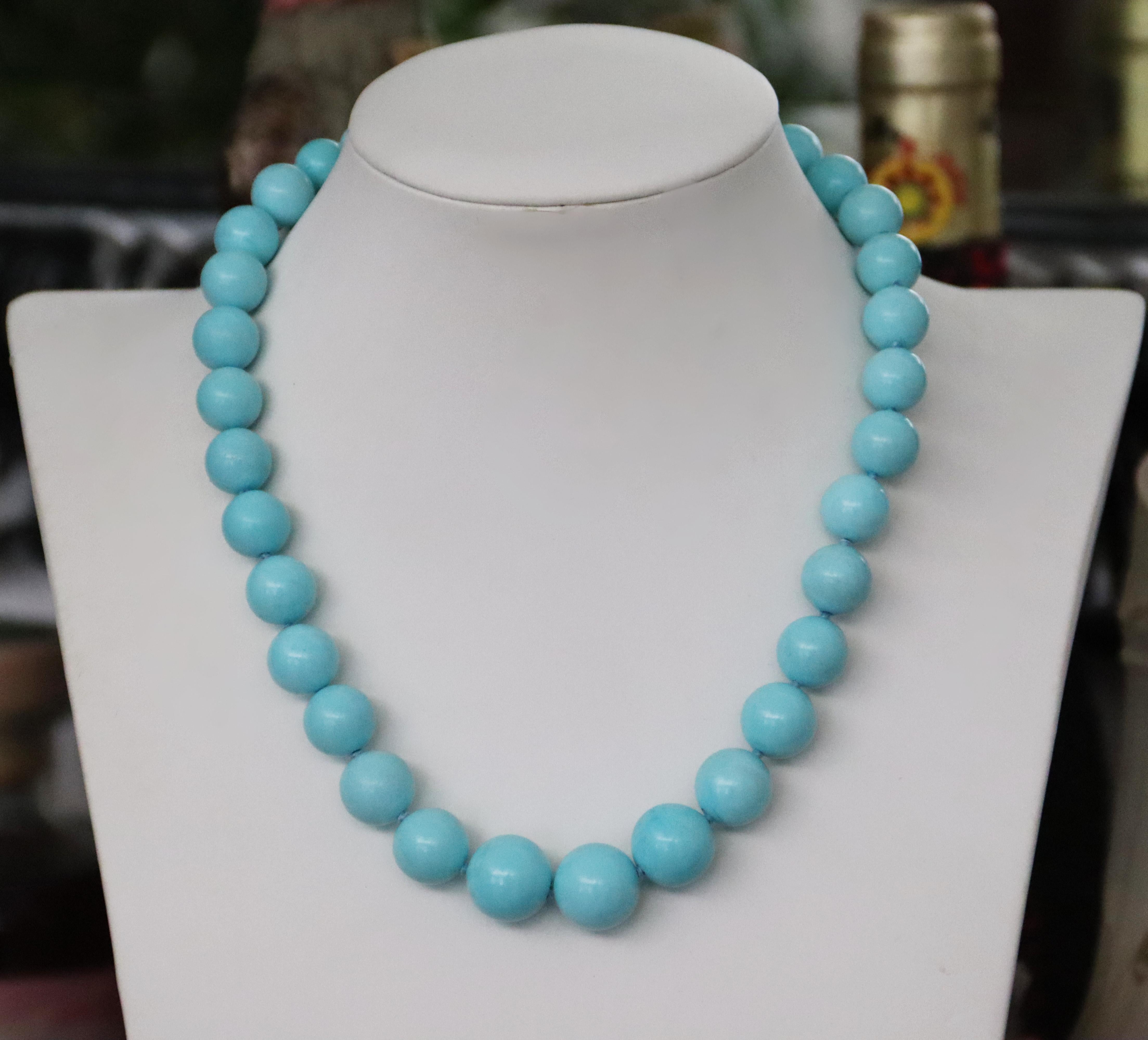 Turquoise Diamonds 18 Karat Yellow Gold Beaded Necklace For Sale 5