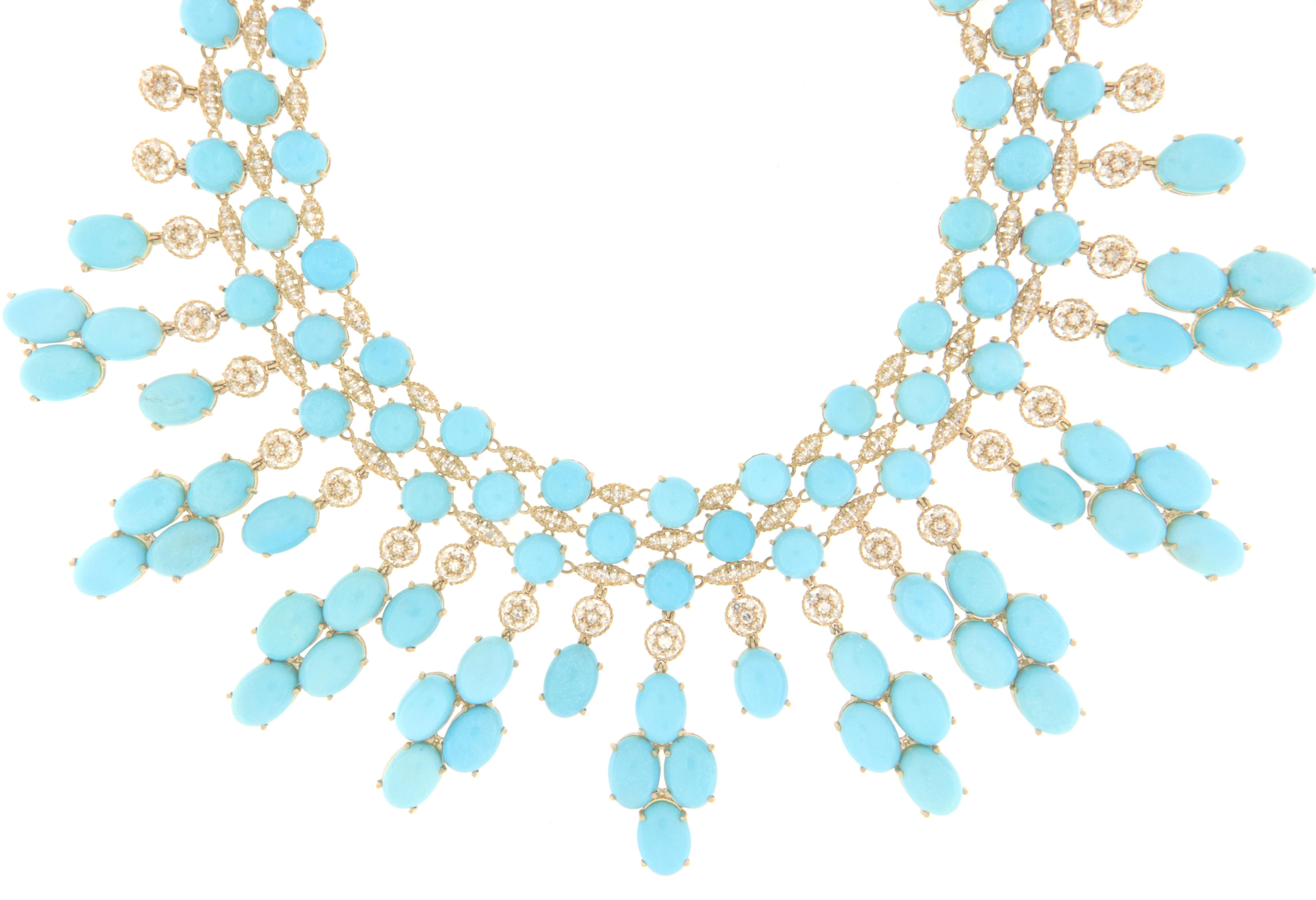 Turquoise Diamonds 18 Karat Yellow Gold Choker Necklace For Sale 4