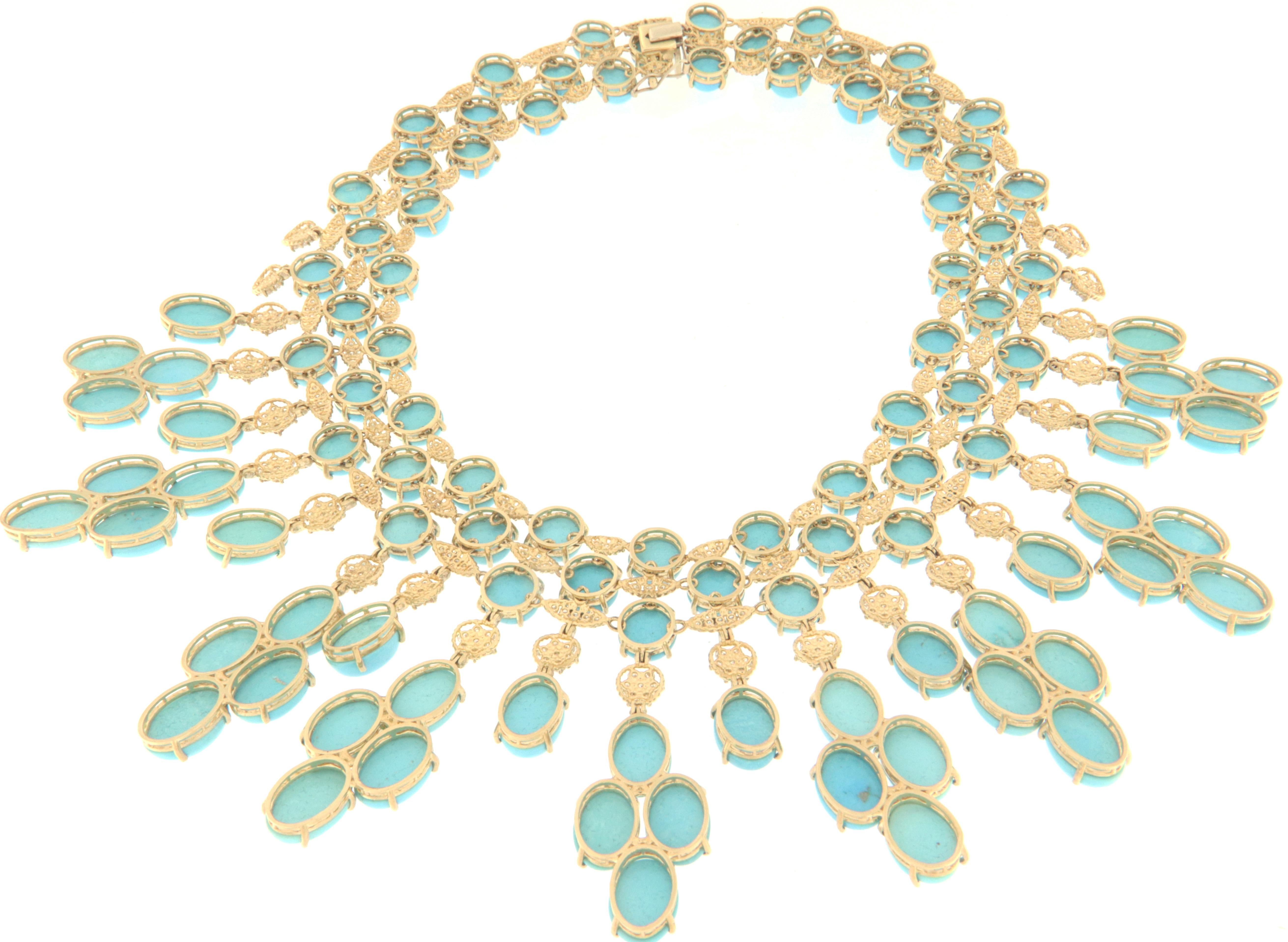 Turquoise Diamonds 18 Karat Yellow Gold Choker Necklace For Sale 5