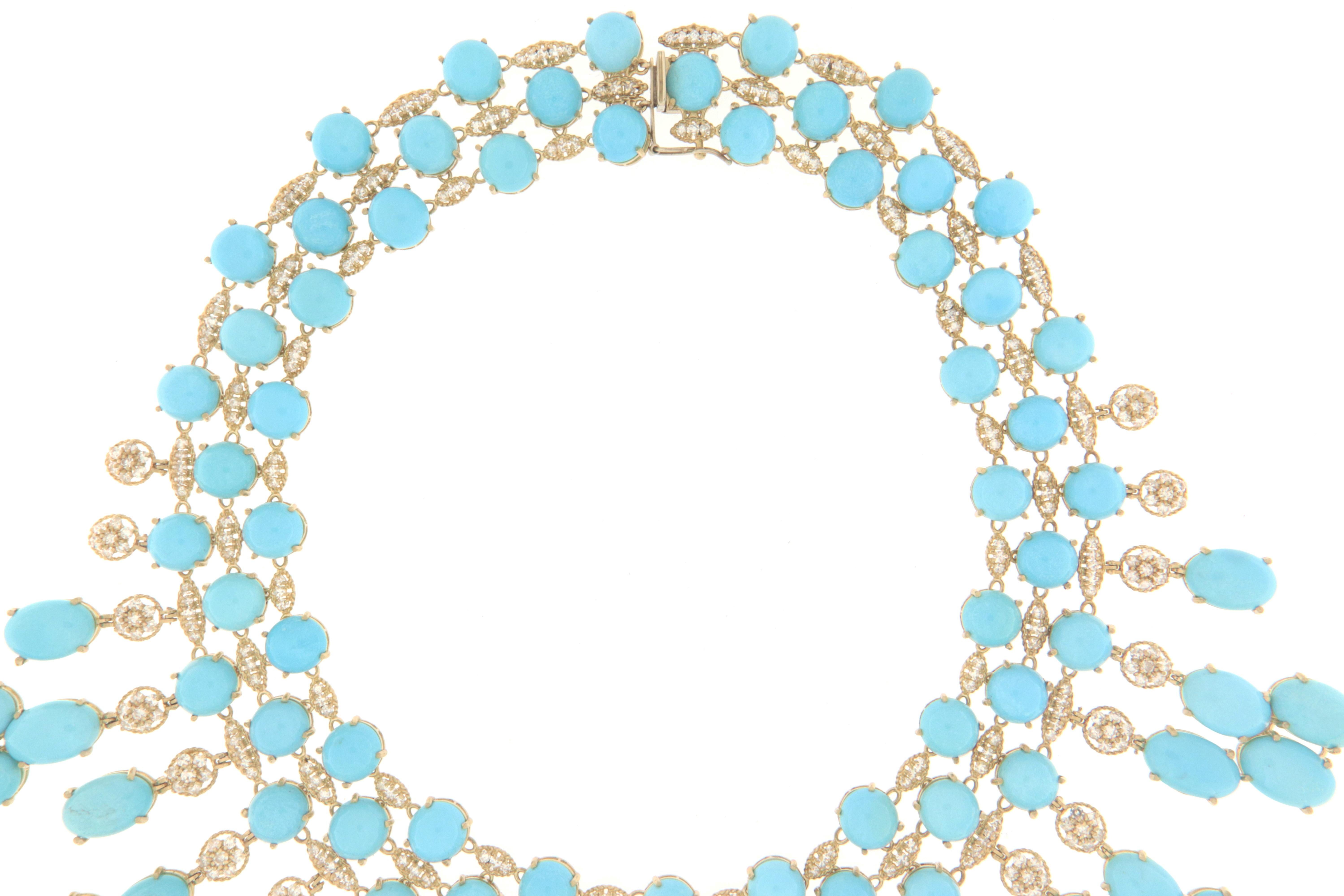 Turquoise Diamonds 18 Karat Yellow Gold Choker Necklace For Sale 6
