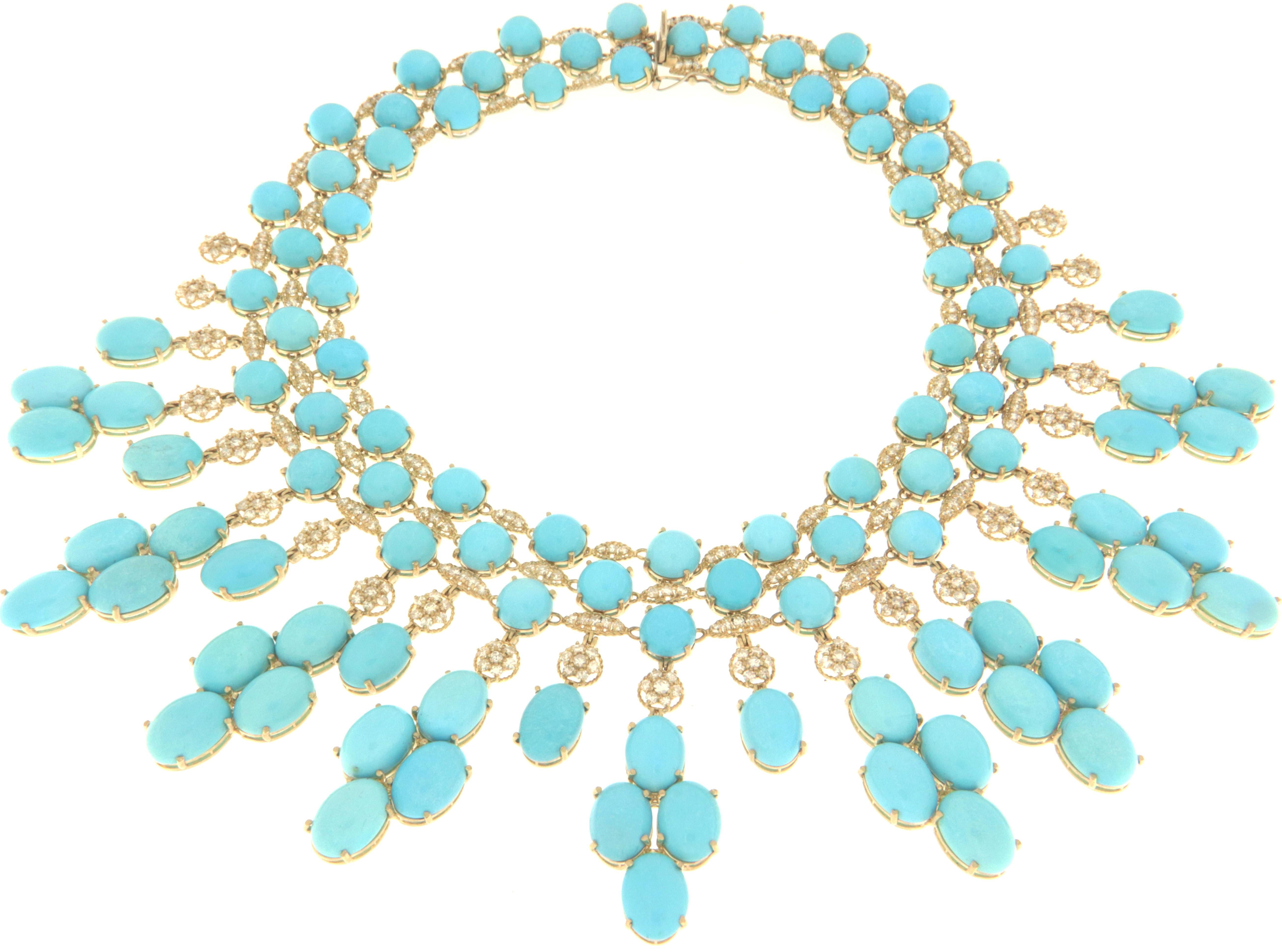 Turquoise Diamonds 18 Karat Yellow Gold Choker Necklace For Sale 15