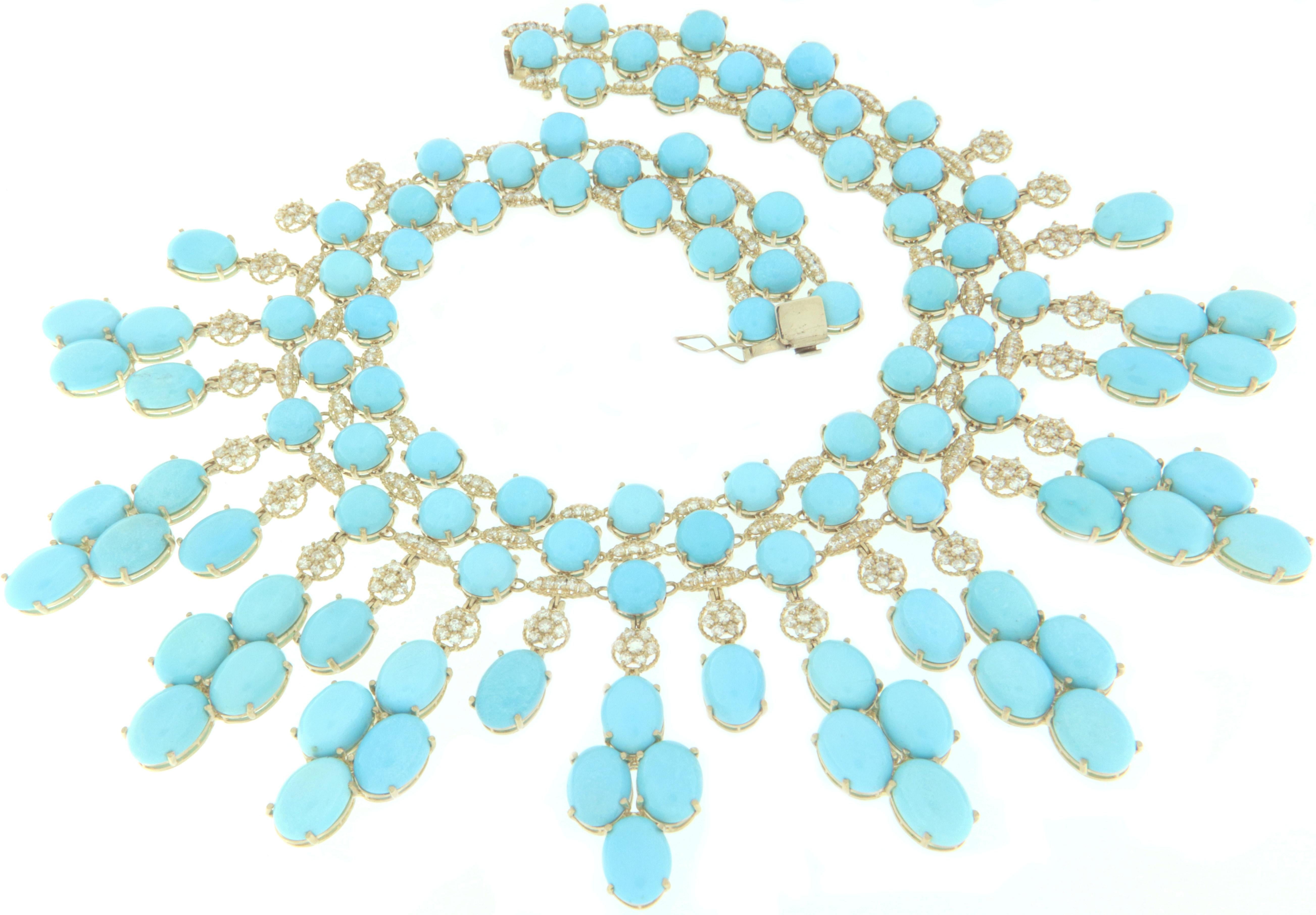 Turquoise Diamonds 18 Karat Yellow Gold Choker Necklace In New Condition In Marcianise, IT