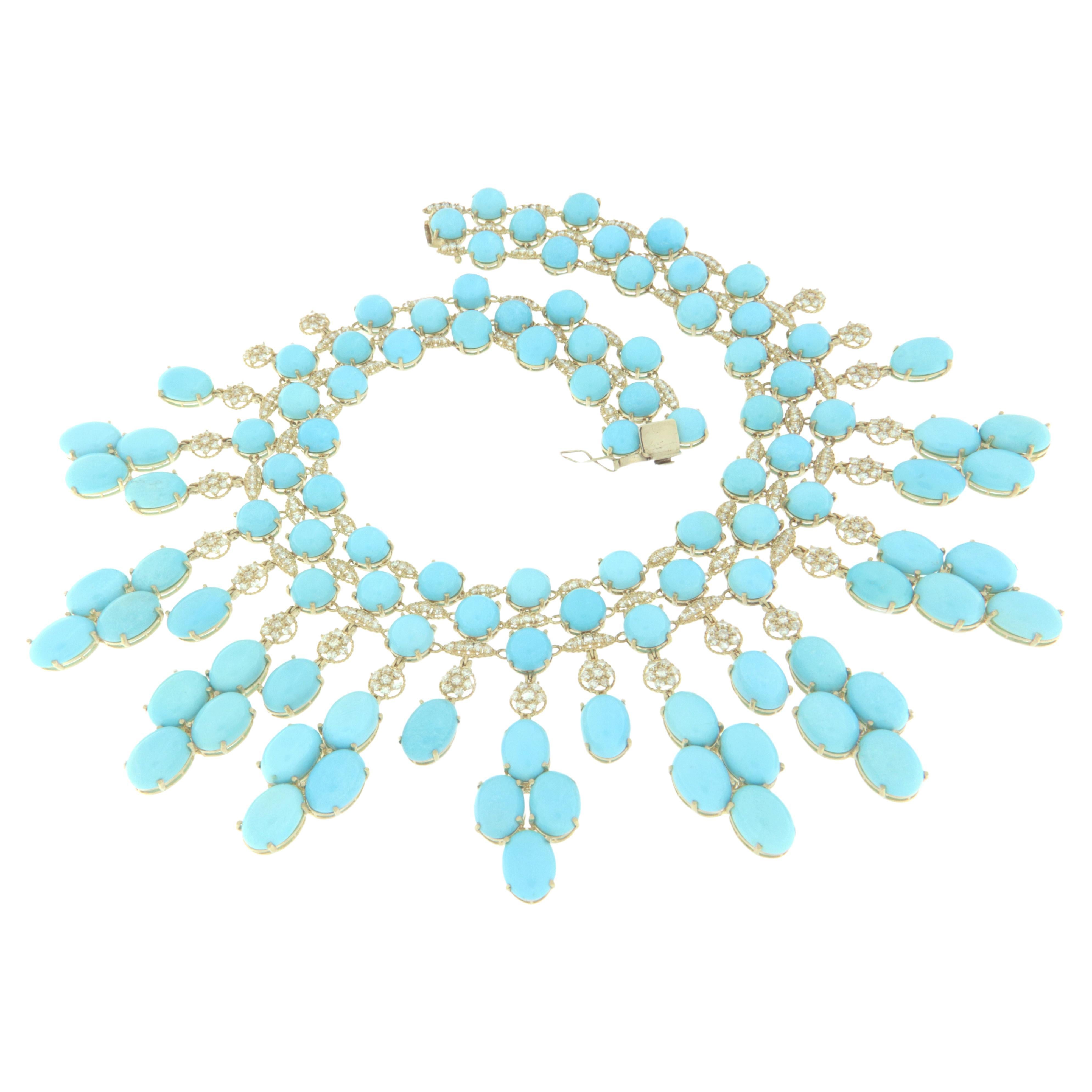 Turquoise Diamonds 18 Karat Yellow Gold Choker Necklace For Sale