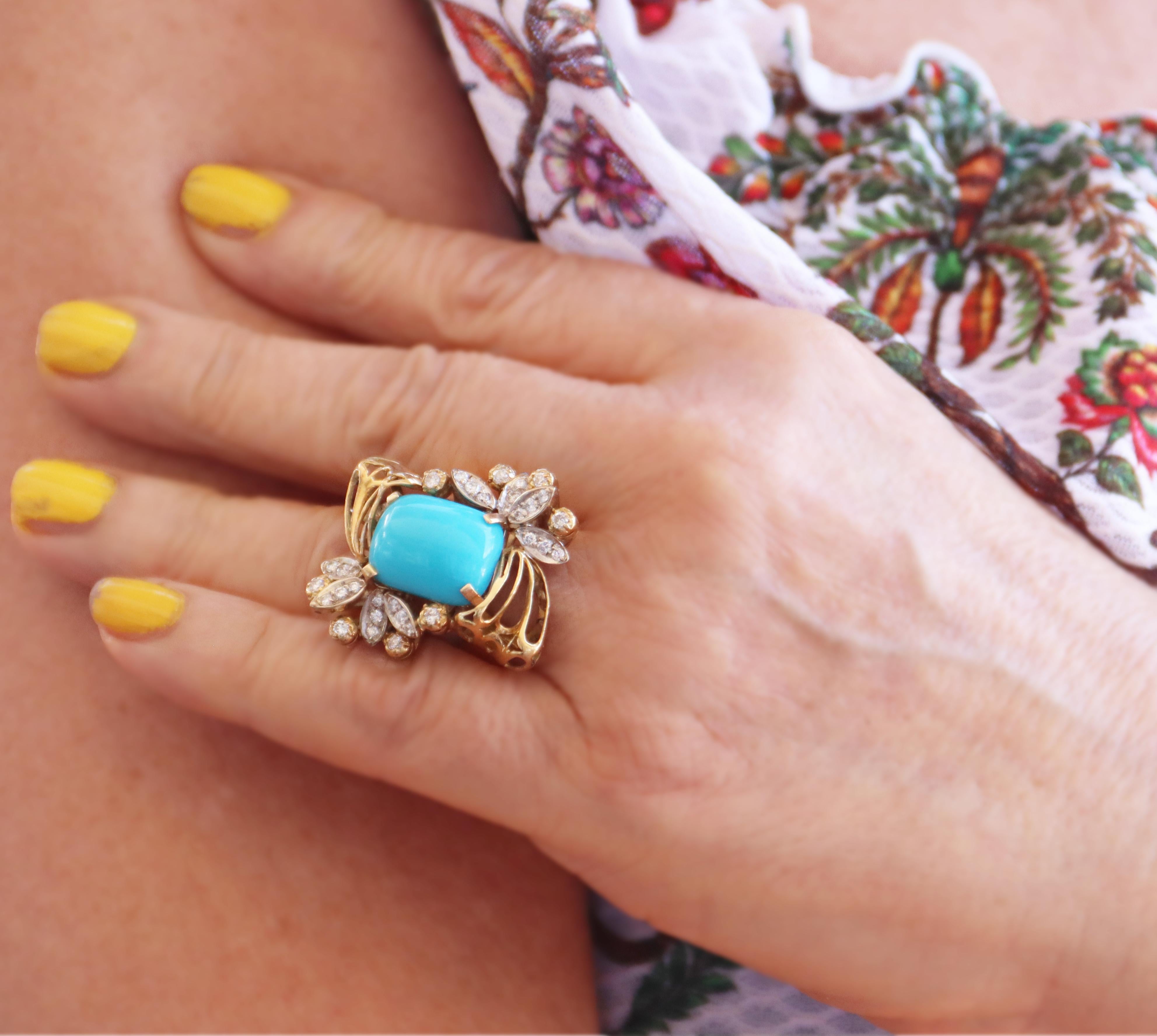 Turquoise Diamonds 18 Karat Yellow Gold Cocktail Ring For Sale 4