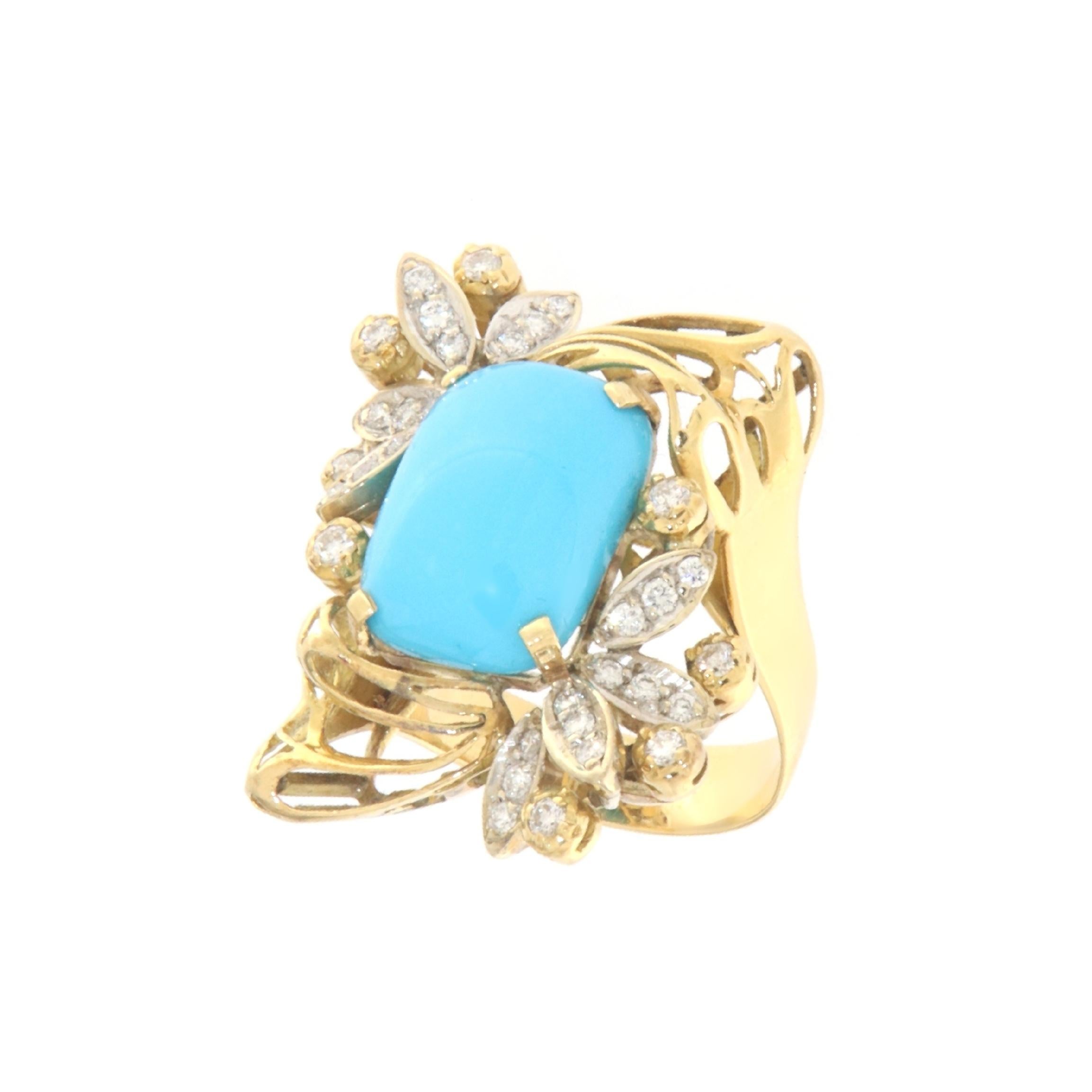 This exquisite ring showcases a masterful blend of timeless elegance and striking modern design, crafted from 18-karat yellow gold. The piece is centered around a vibrant turquoise cabochon, which serves as the focal point, encircled by a dazzling