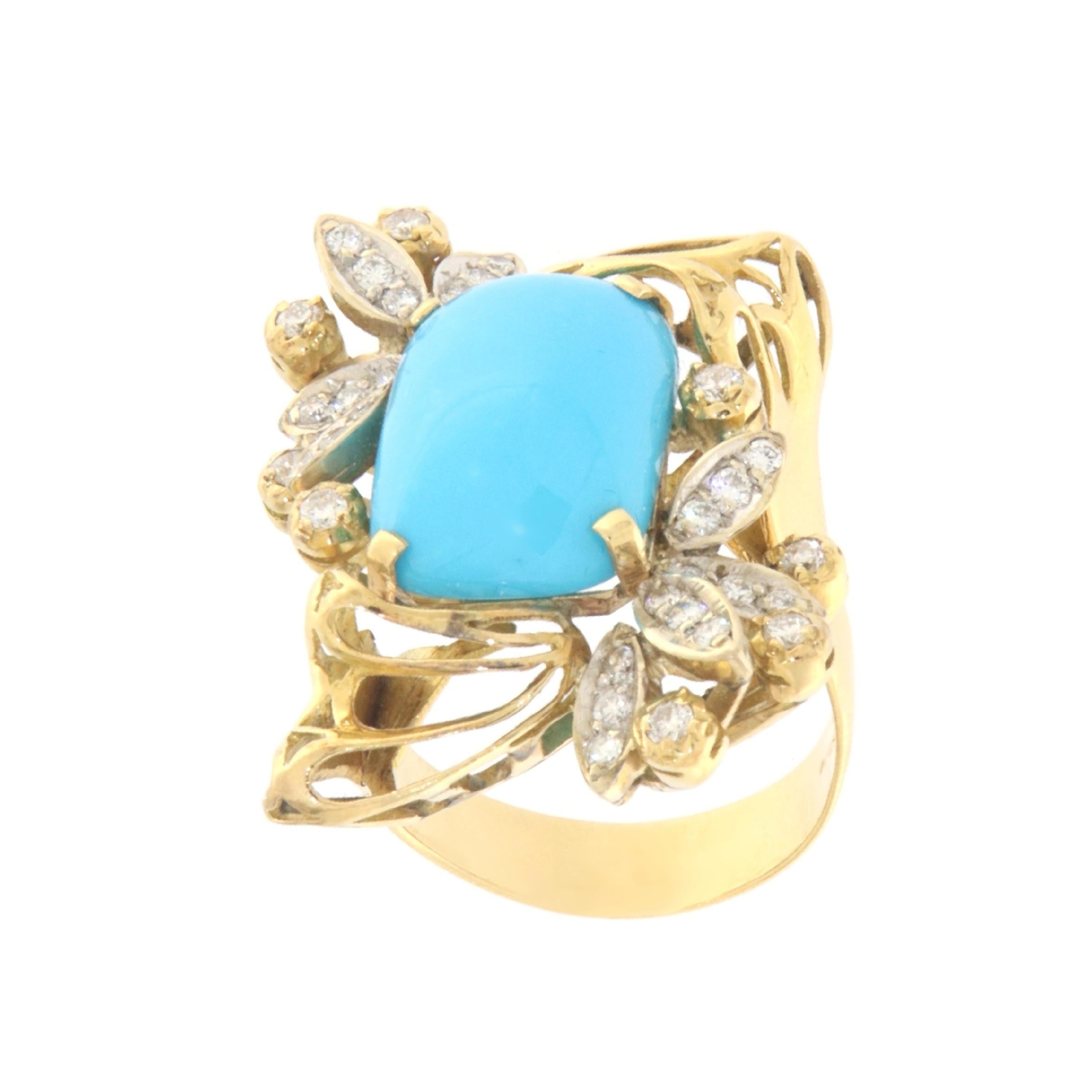 Artisan Turquoise Diamonds 18 Karat Yellow Gold Cocktail Ring For Sale