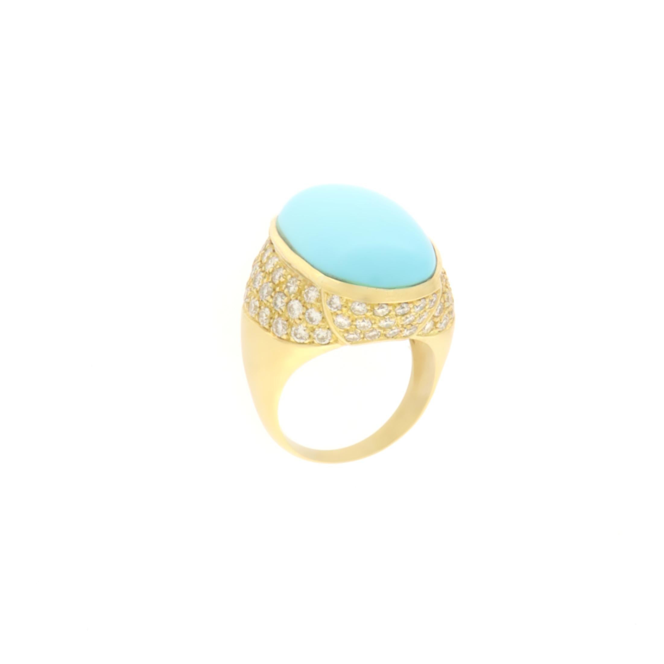 Artisan Turquoise Diamonds 18 Karat Yellow Gold Cocktail Ring For Sale