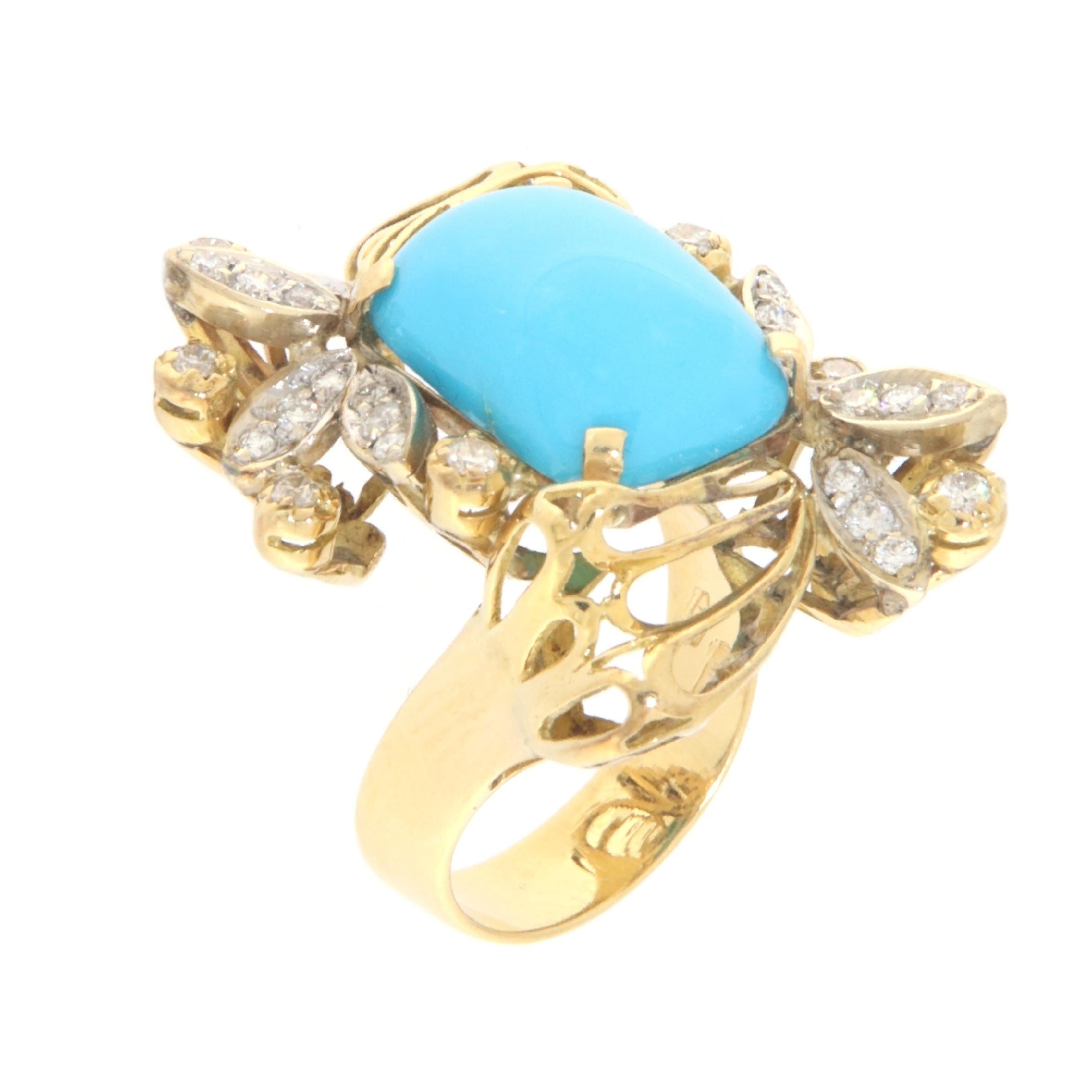 Brilliant Cut Turquoise Diamonds 18 Karat Yellow Gold Cocktail Ring For Sale
