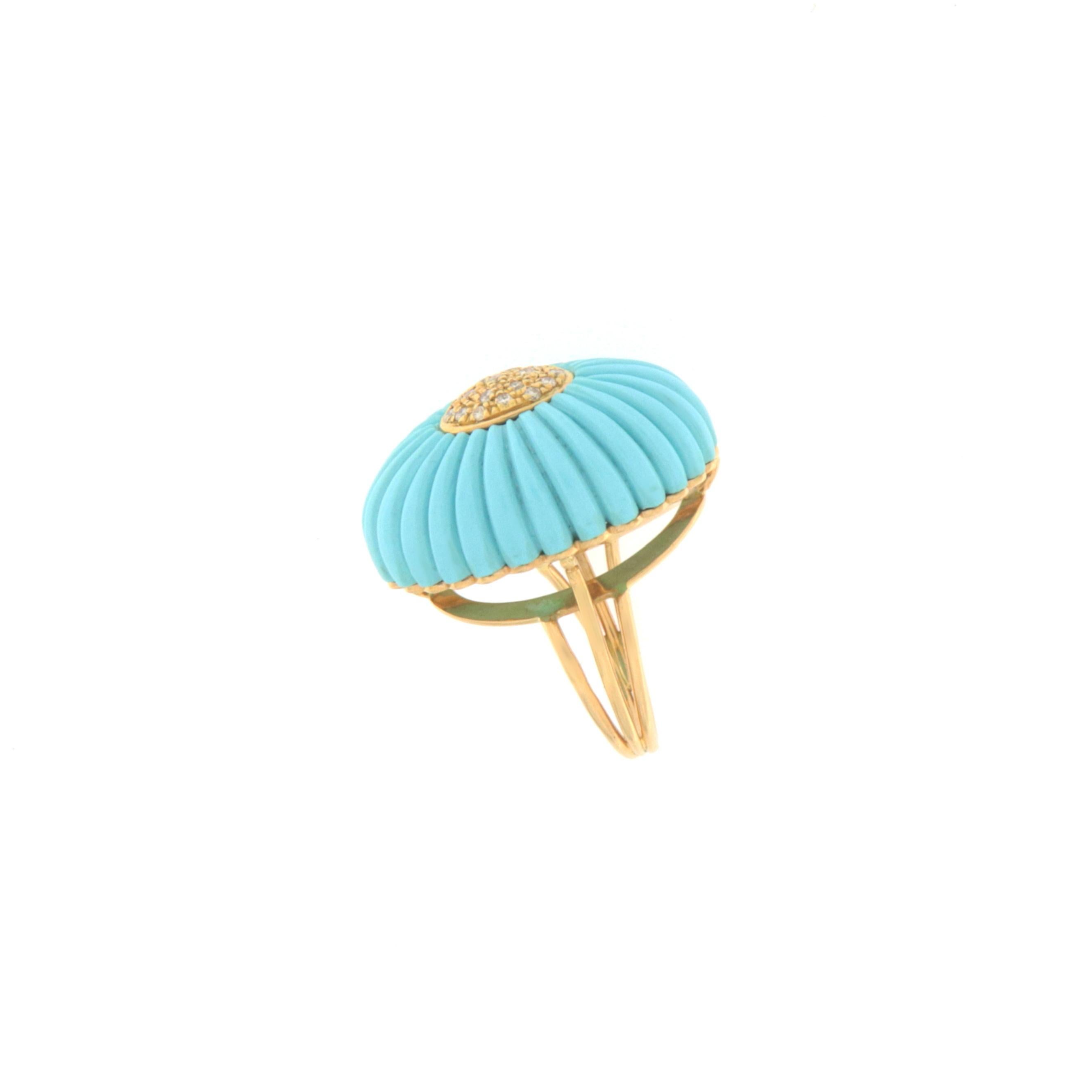 Turquoise Paste Diamonds 18 Karat Yellow Gold Cocktail Ring In New Condition For Sale In Marcianise, IT
