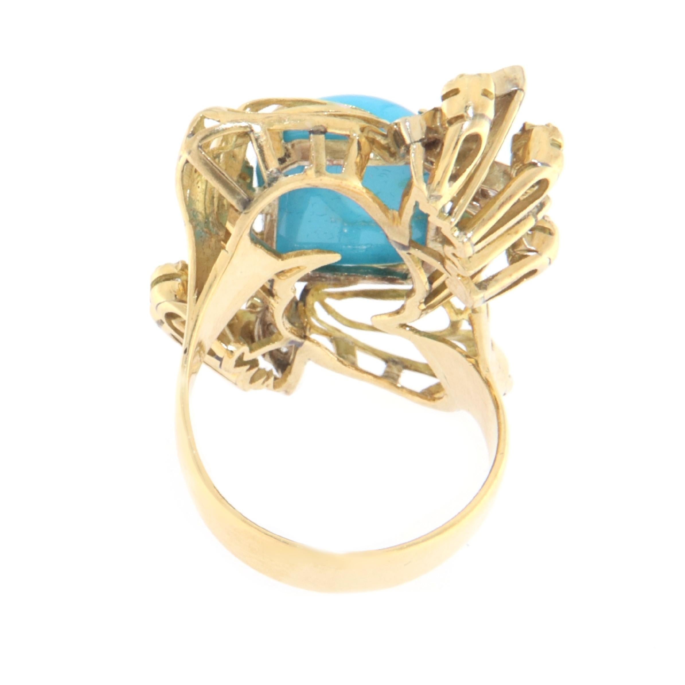Turquoise Diamonds 18 Karat Yellow Gold Cocktail Ring In New Condition For Sale In Marcianise, IT
