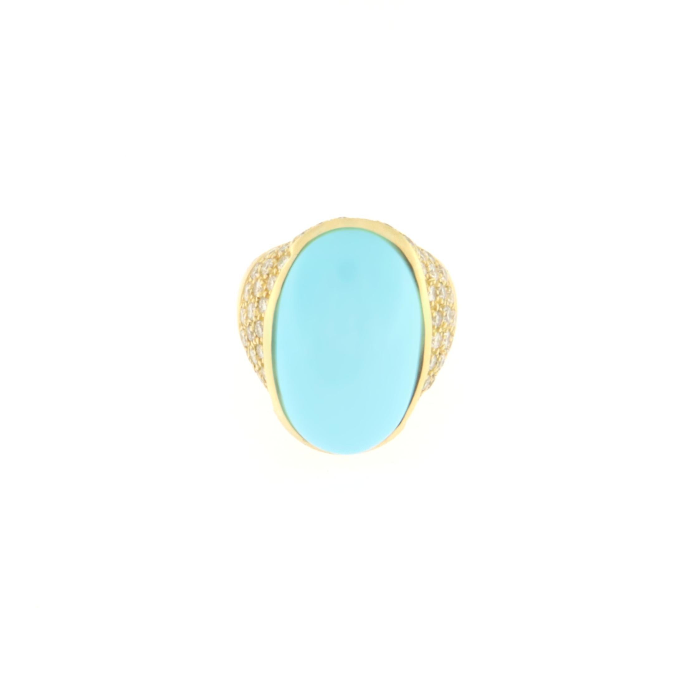Turquoise Diamonds 18 Karat Yellow Gold Cocktail Ring In New Condition For Sale In Marcianise, IT