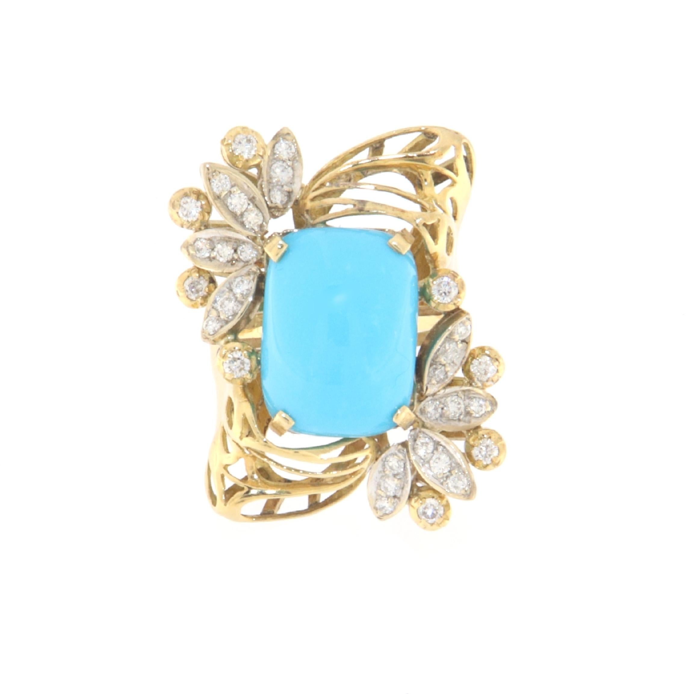 Women's Turquoise Diamonds 18 Karat Yellow Gold Cocktail Ring For Sale