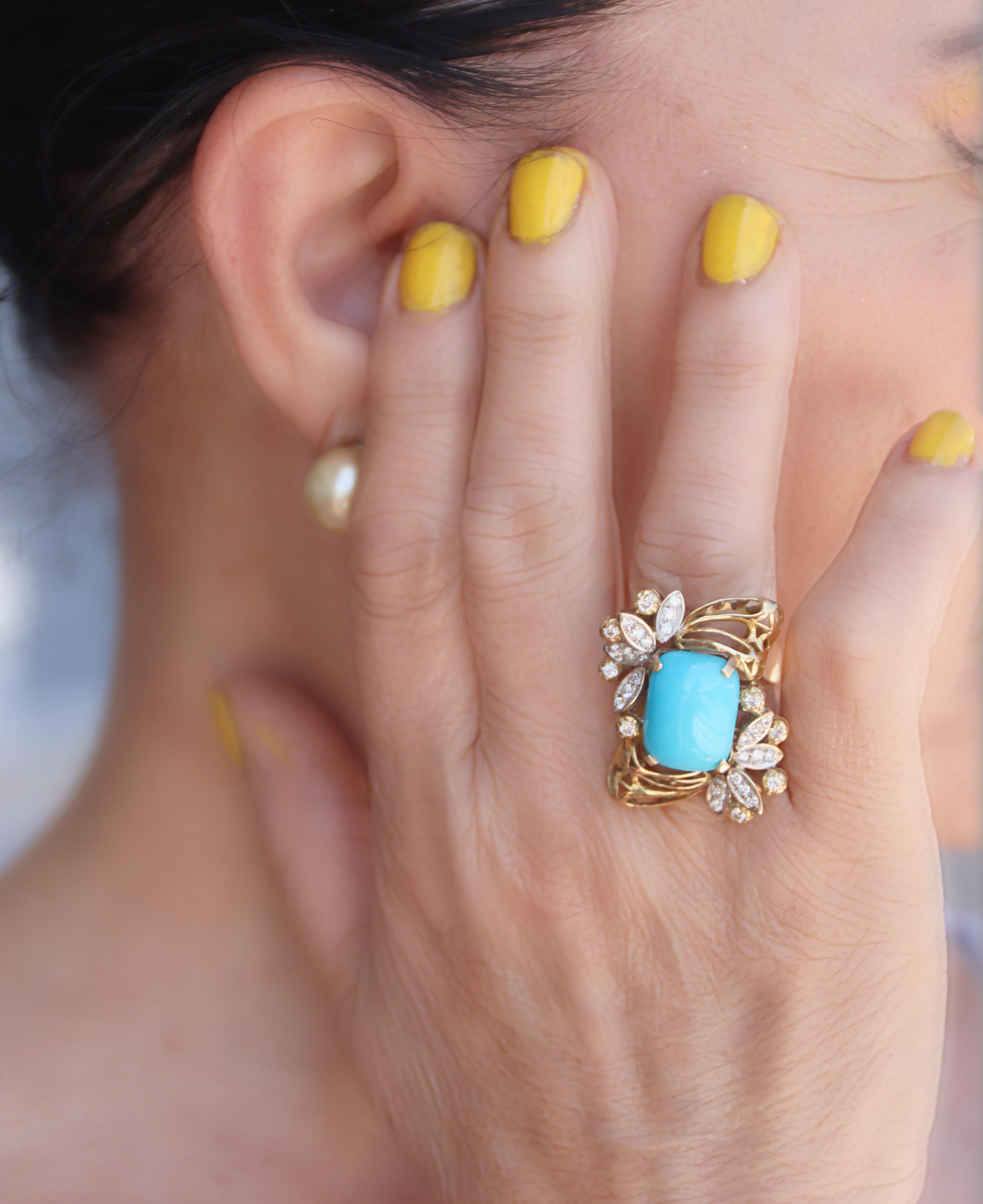 Turquoise Diamonds 18 Karat Yellow Gold Cocktail Ring For Sale 2