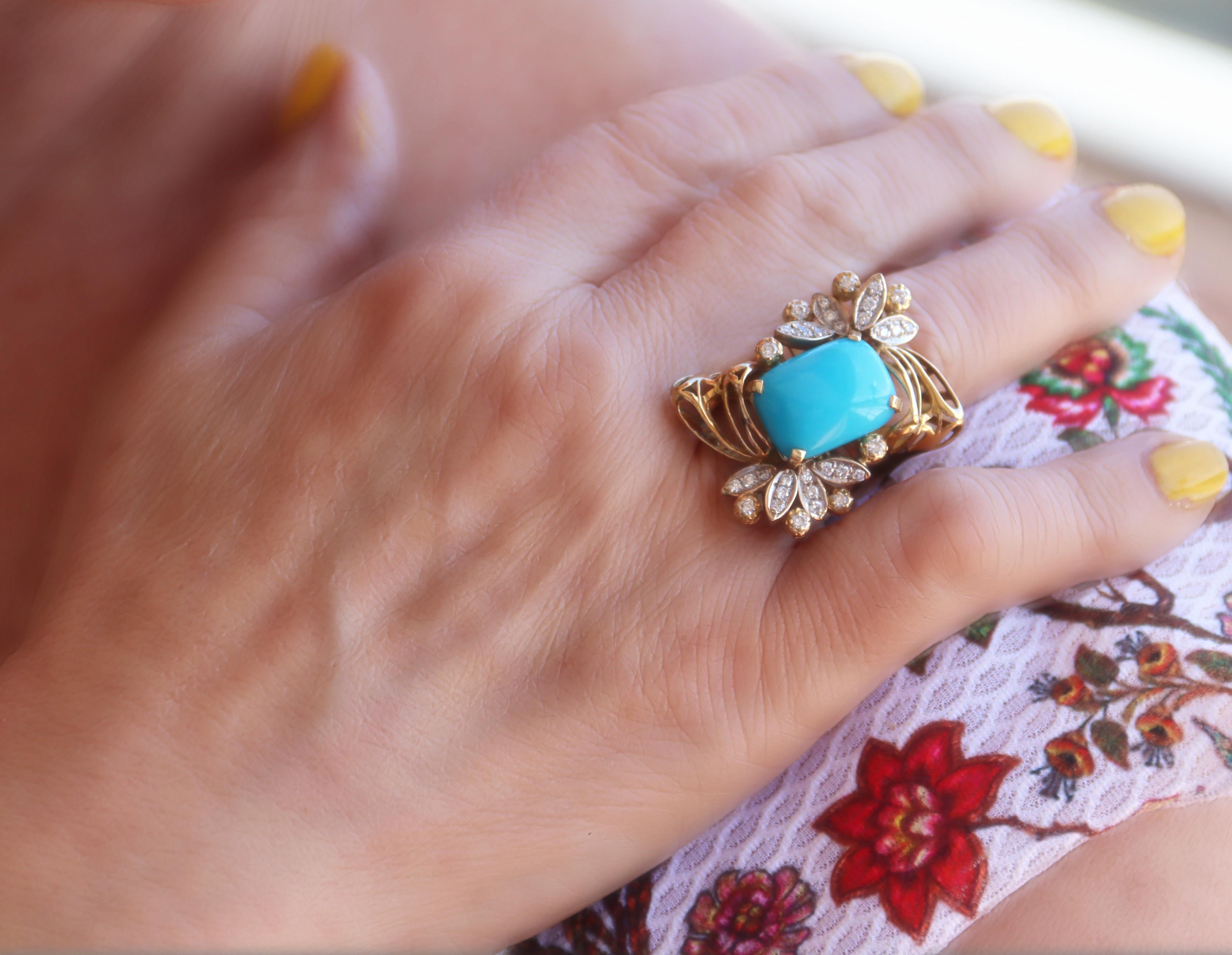 Turquoise Diamonds 18 Karat Yellow Gold Cocktail Ring For Sale 3