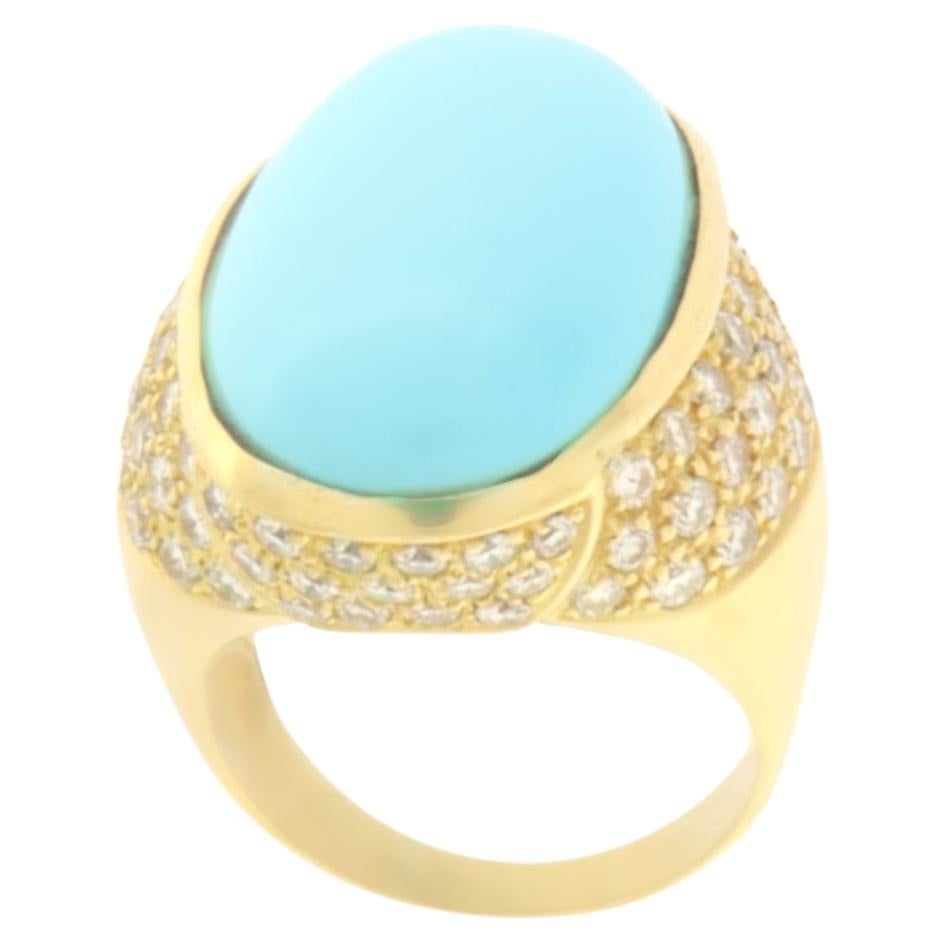 Turquoise Diamonds 18 Karat Yellow Gold Cocktail Ring For Sale