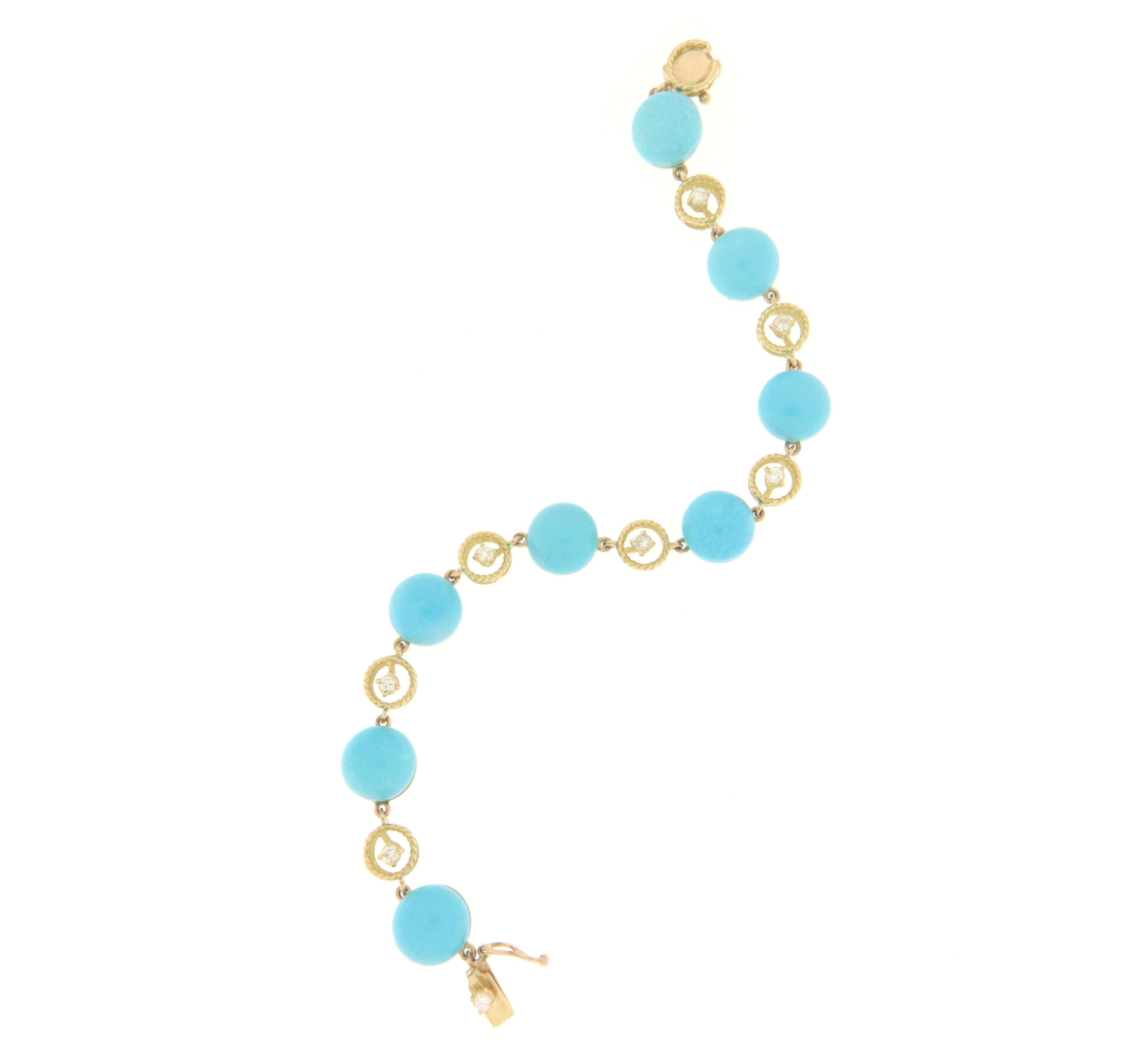 Beautiful 18kt yellow gold bracelet with set diamonds and natural turquoise, made in italy. However, it remains a unique piece of its kind with a very particular and suggestive design, with a big impact on a woman's wrist.
For further information