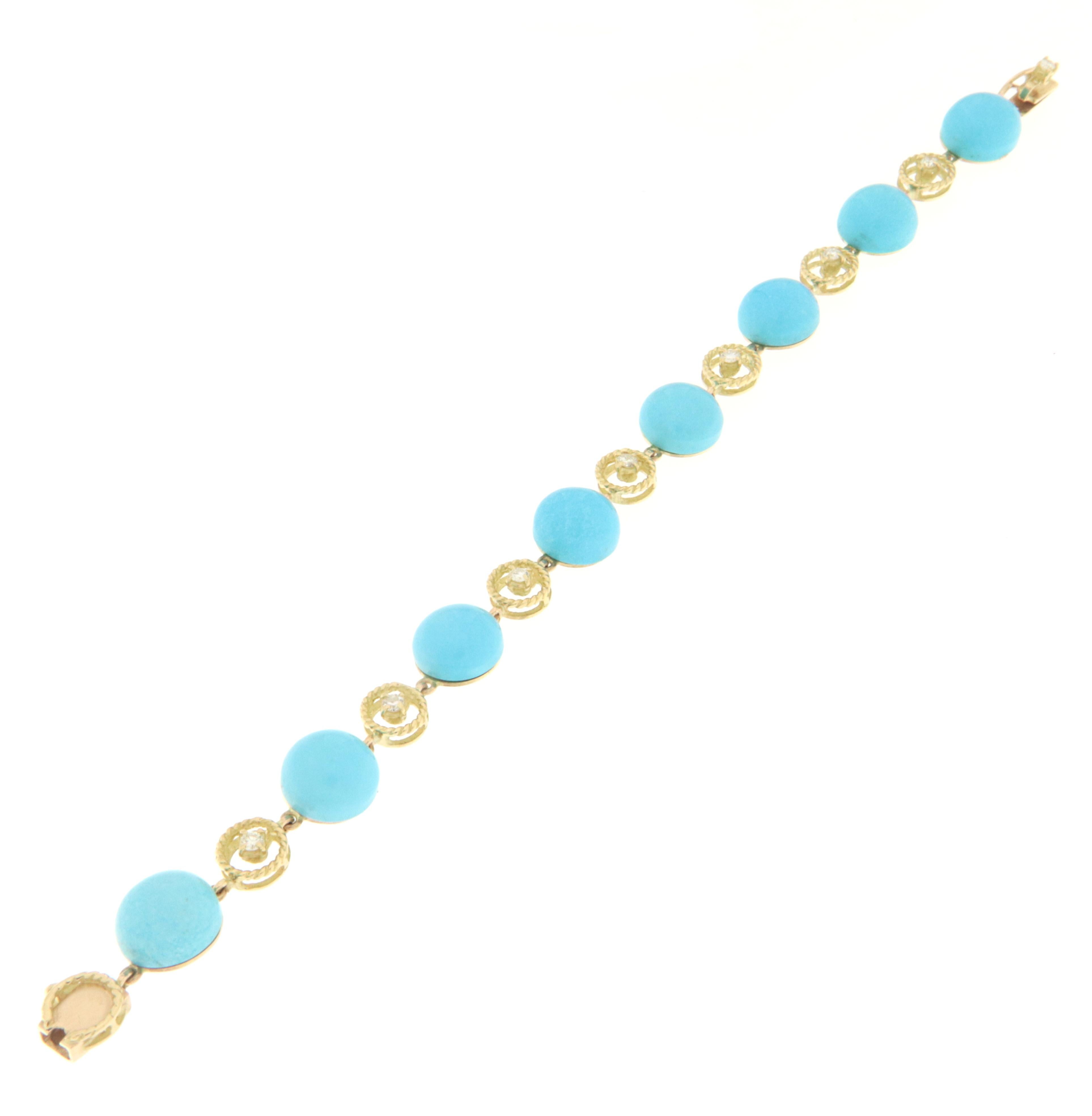 Artisan Turquoise Diamonds 18 Karat Yellow Gold Cuff Bracelet For Sale