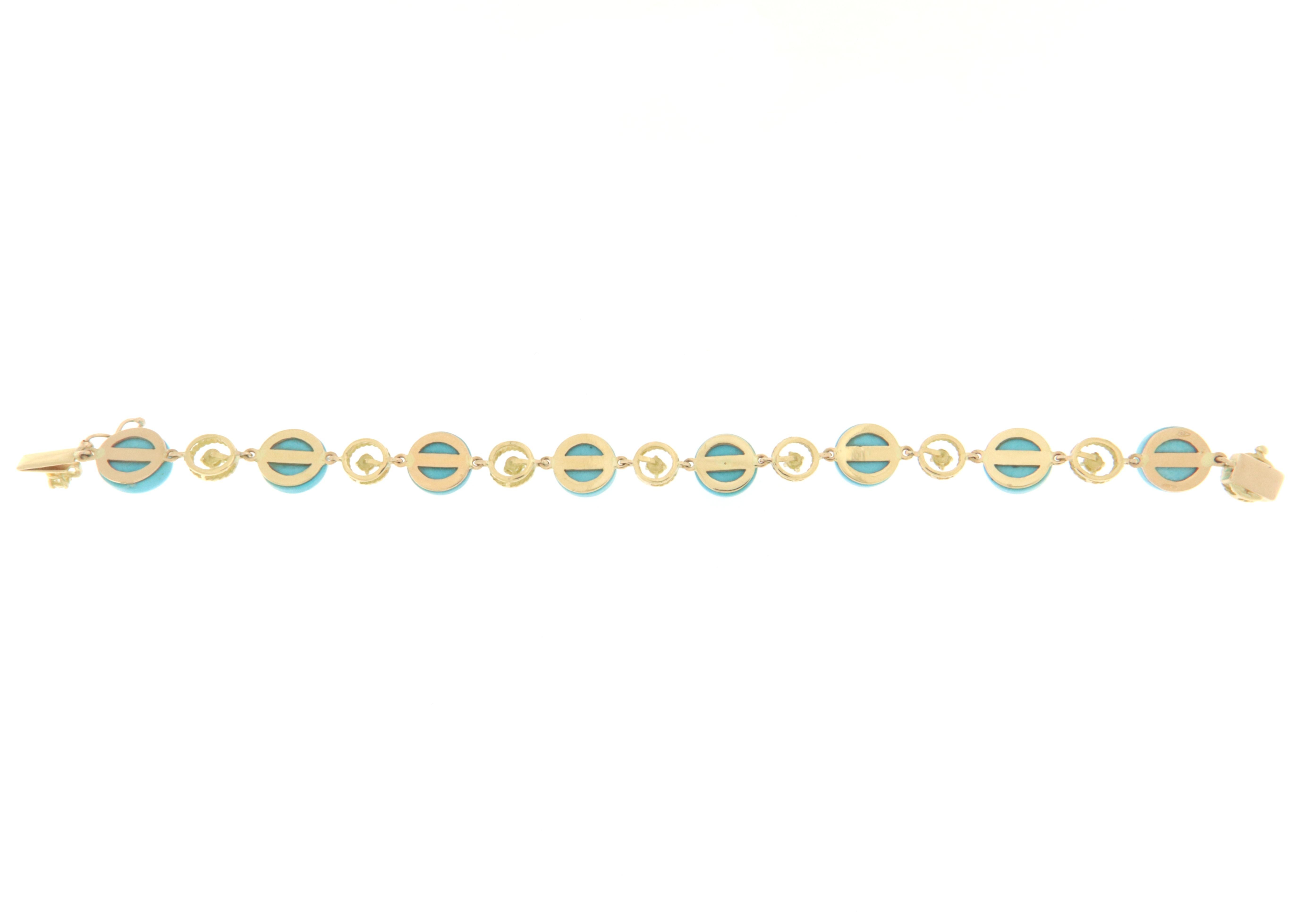 Turquoise Diamonds 18 Karat Yellow Gold Cuff Bracelet In New Condition For Sale In Marcianise, IT