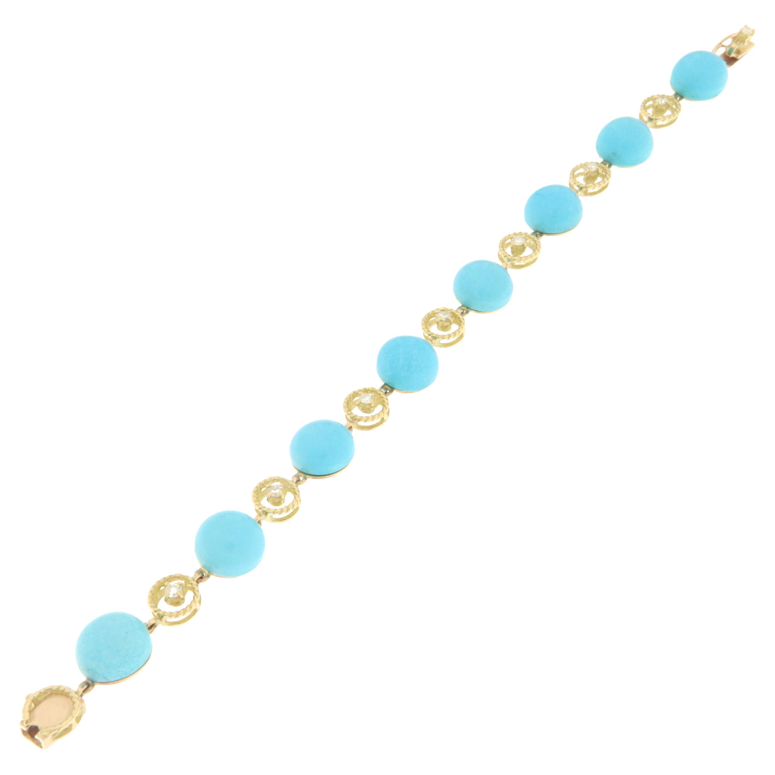 Bracelet manchette en or jaune 18 carats avec turquoises et diamants