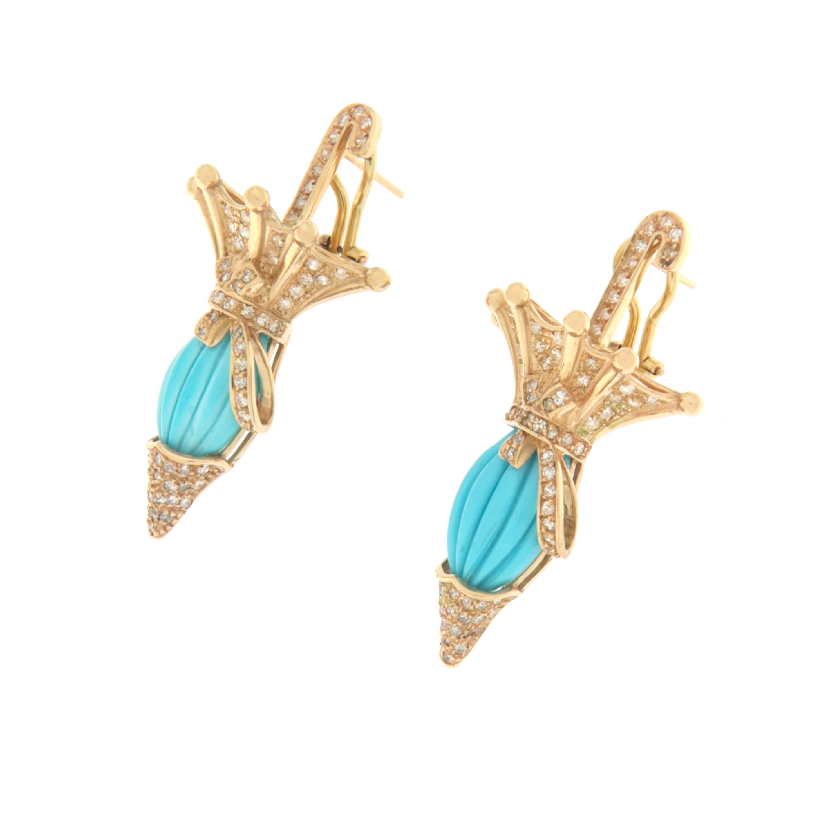 Contemporary Turquoise Diamonds 18 Karat Yellow Gold Drop Earring For Sale