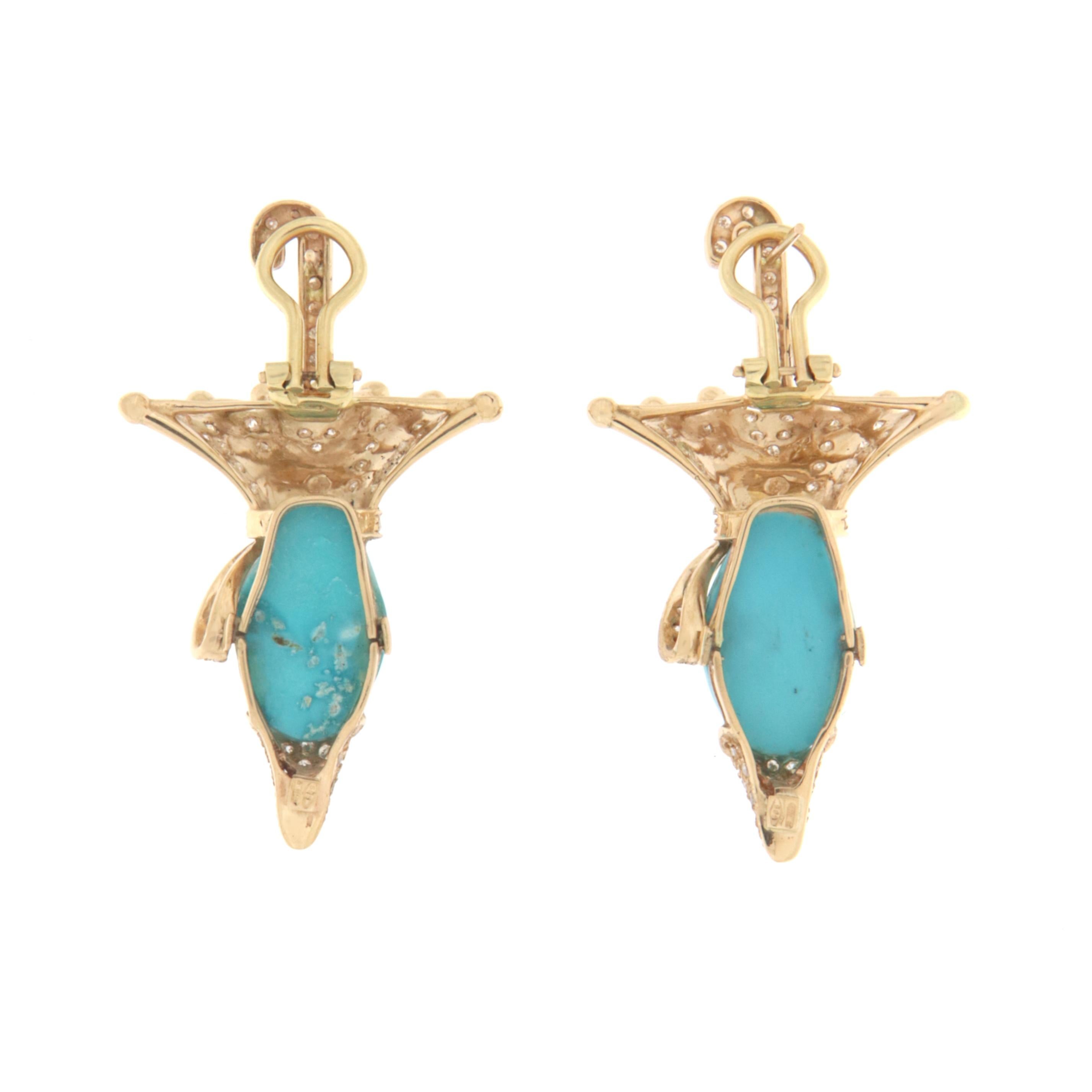Brilliant Cut Turquoise Diamonds 18 Karat Yellow Gold Drop Earring For Sale