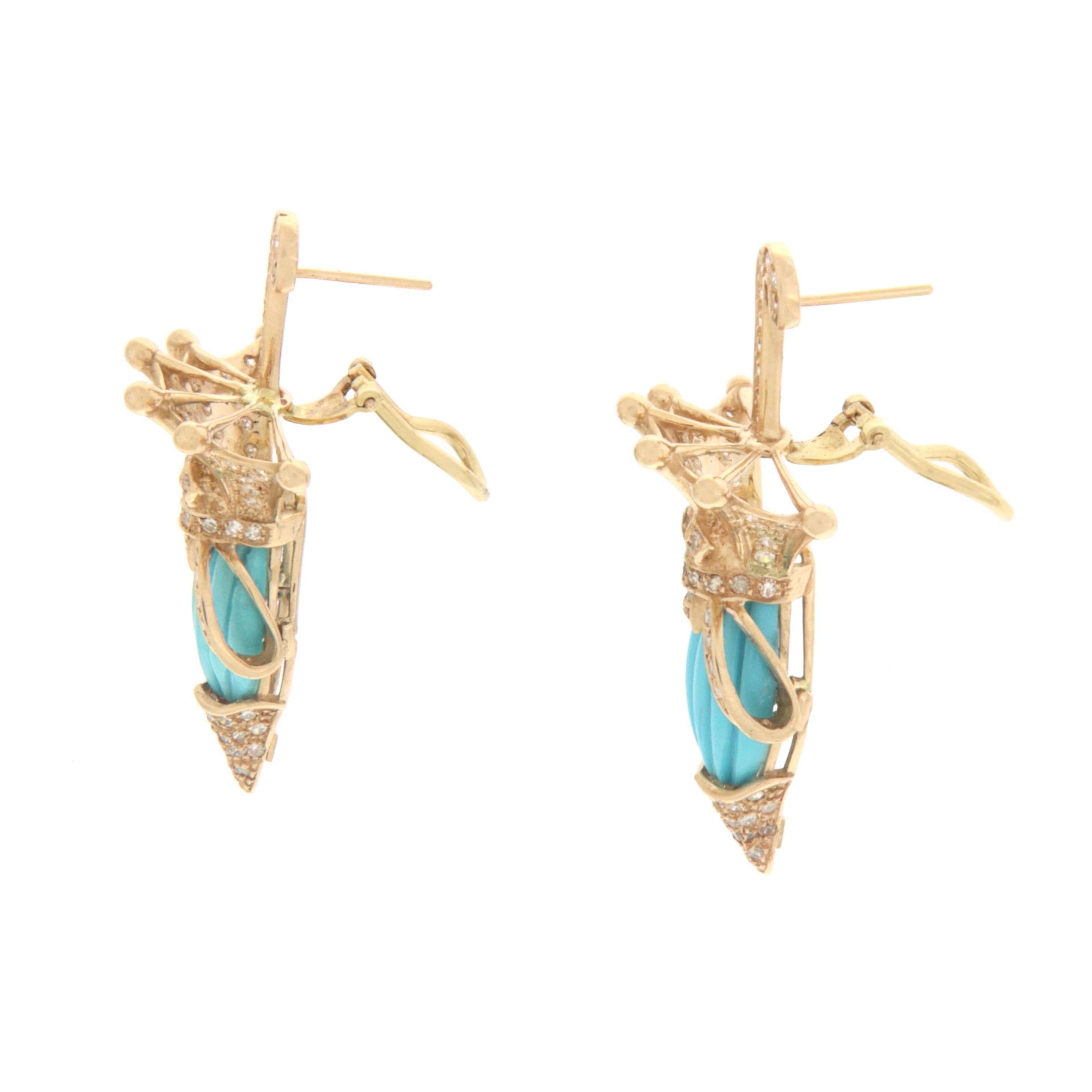 Turquoise Diamonds 18 Karat Yellow Gold Drop Earring In New Condition For Sale In Marcianise, IT